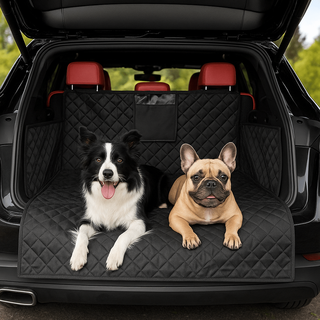 Protection-coffre-voiture-chien-avec-sangle et clips et pochette de rangement, installation rapide, pliable 100% imperméable résistant aux griffes et morsures, solide et durable, lavabvle, tissu oxford, rembourrage 100% coton haute densité, protection totale des sièges, deux côtés latéraux  avec attache appui tete, antidérapant et confortable pour tous les chiens, taille universelle adaptable à tout type de véhicules-deux chiens moyens couchésconfortablement sur la housse dans le coffre ouvert de la voiture