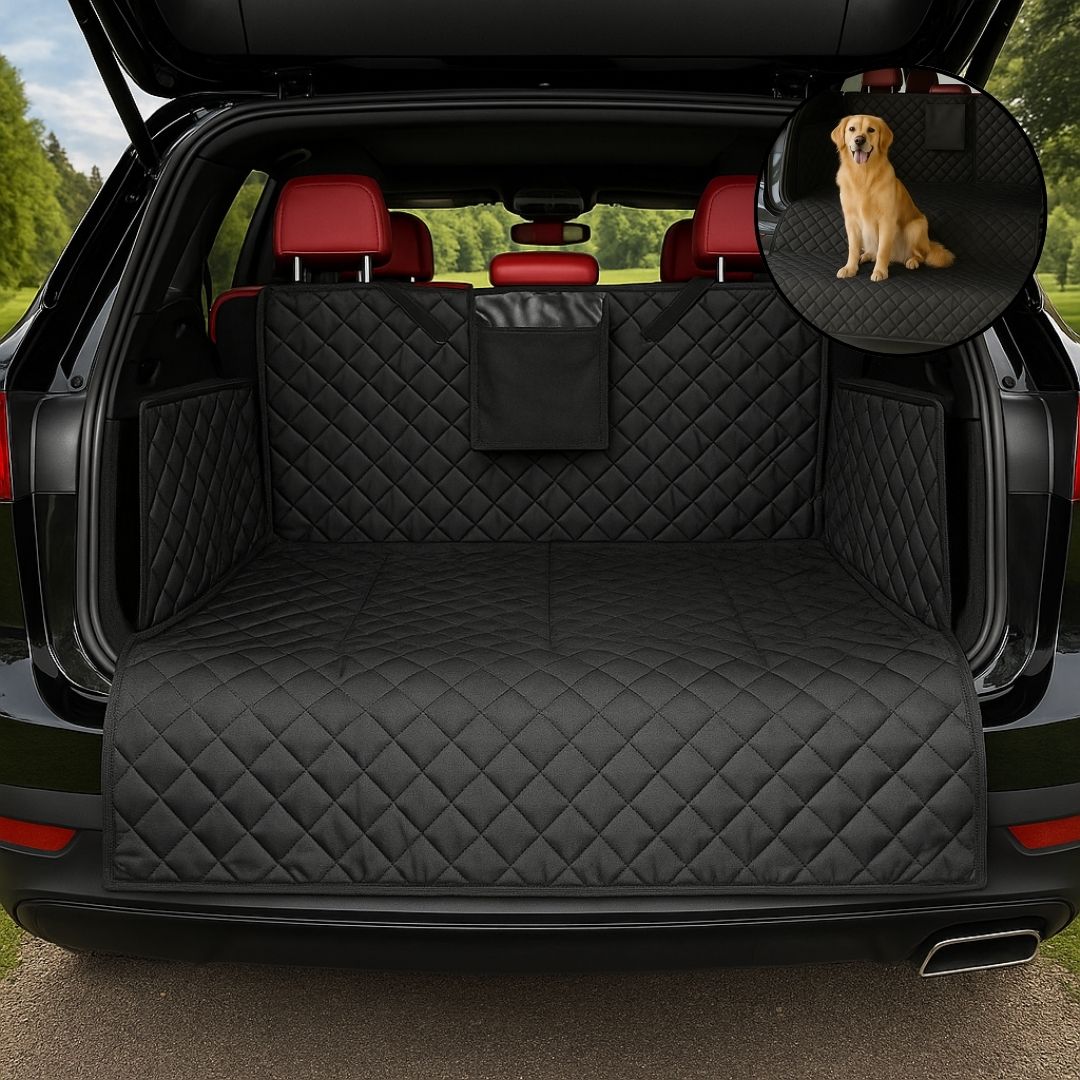 Protection-coffre-voiture-chien-avec-sangle et clips et pochette de rangement, installation rapide, pliable 100% imperméable résistant aux griffes et morsures, solide et durable, lavabvle, tissu oxford, rembourrage 100% coton haute densité, protection totale des sièges, deux côtés latéraux  avec attache appui tete, antidérapant et confortable pour tous les chiens, taille universelle adaptable à tout type de véhicules-de couleur noir, lavable en machine