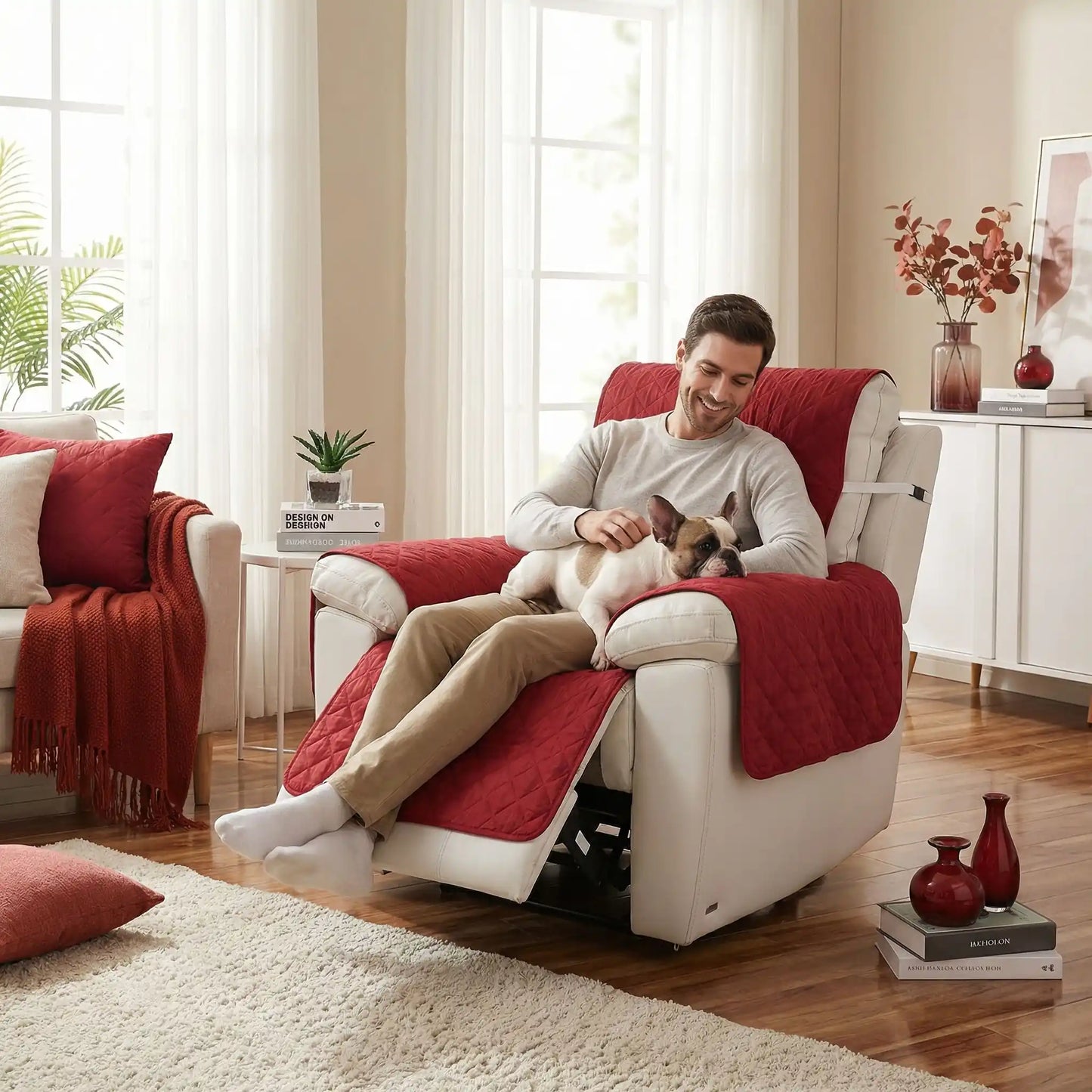 Protection-pour-fauteuil et accoudoir chien-impermeable-4-couches et rembourrage 100% coton, légère et universelle pour fauteuil classique, inclinable ou relax ,lavable en machine, résistant aux griffes et tâches, anti bave et accidents, réversible avec sangles élastiques pour le dossier et 3 pans séparés- un maître heureux assis confortablement les pieds en l'air caressant son petit chien sur ses genoux sur la protection couleur bordeaux sur le fauteuil relax du salon de l'appartement