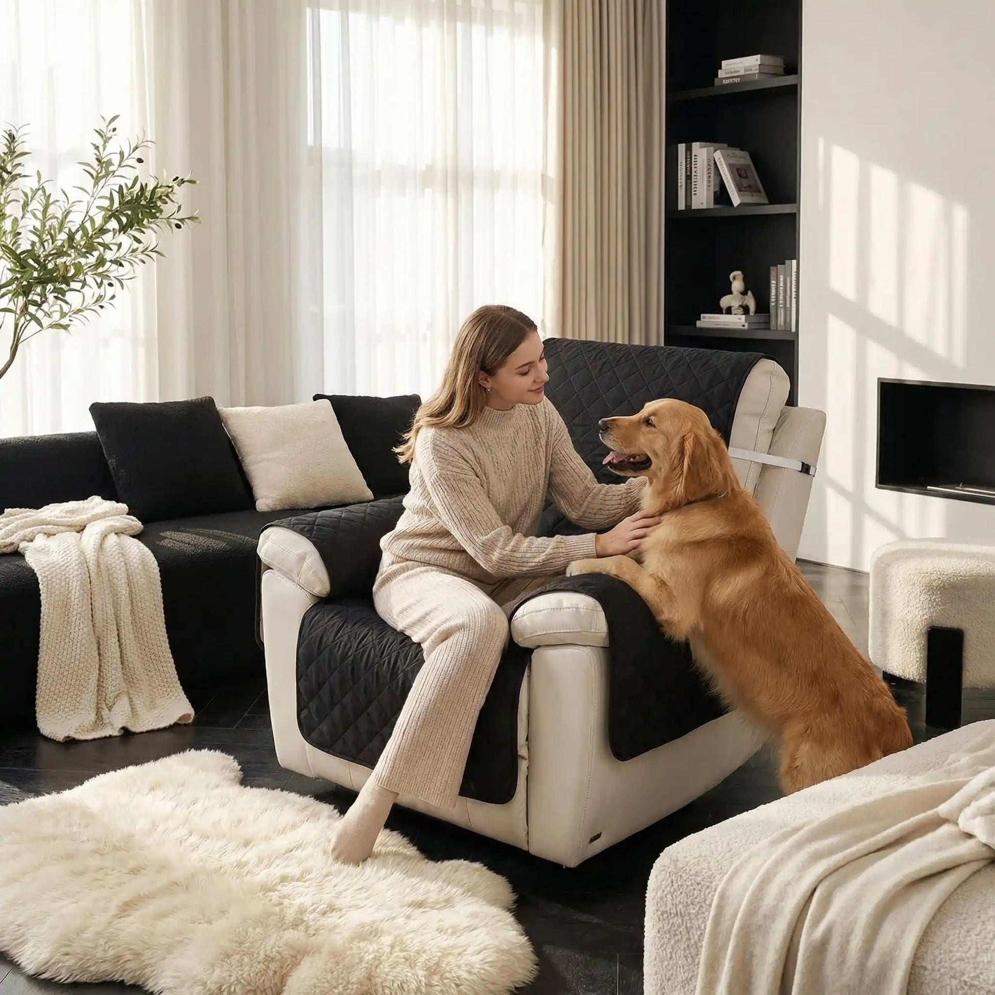 Protection-pour-fauteuil et accoudoir chien-impermeable-4-couches et rembourrage 100% coton, légère et universelle pour fauteuil classique, inclinable ou relax ,lavable en machine, résistant aux griffes et tâches, anti bave et accidents, réversible avec sangles élastiques pour le dossier et 3 pans séparés- un Golden retriever heureux debout, les pattes avant sur l'accoudoir sur la protection noire pour se faire caresser par sa maitresse souriante assise sur le fauteuil du salon de la maison