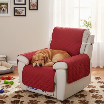 Protection-pour-fauteuil et accoudoir chien-impermeable-4-couches et rembourrage 100% coton, légère et universelle pour fauteuil classique, inclinable ou relax ,lavable en machine, résistant aux griffes et tâches, anti bave et accidents, réversible avec sangles élastiques pour le dossier et 3 pans séparés- un Golden retriever qui dort en boule confortablement sur la protection couleur bordeaux sur le fauteuil du salon de la maison