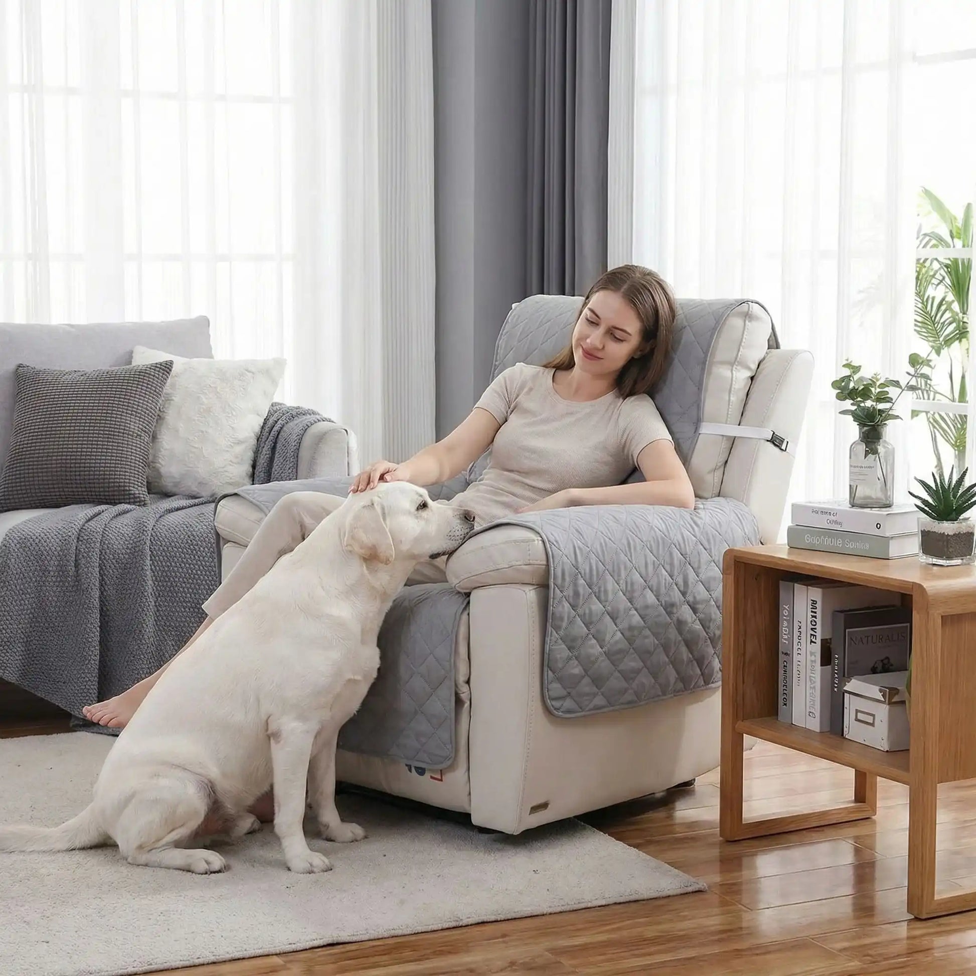 Protection-pour-fauteuil et accoudoir chien-impermeable-4-couches et rembourrage 100% coton, légère et universelle pour fauteuil classique, inclinable ou relax ,lavable en machine, résistant aux griffes et tâches, anti bave et accidents, réversible avec sangles élastiques pour le dossier et 3 pans séparés- une jeune femme assise confortablement sur la protection grise du  fauteuil qui caresse tendrement son grand chien qui pose sa tête sur l'accoudoir du fauteuil protégé de la bave dans le salon 
