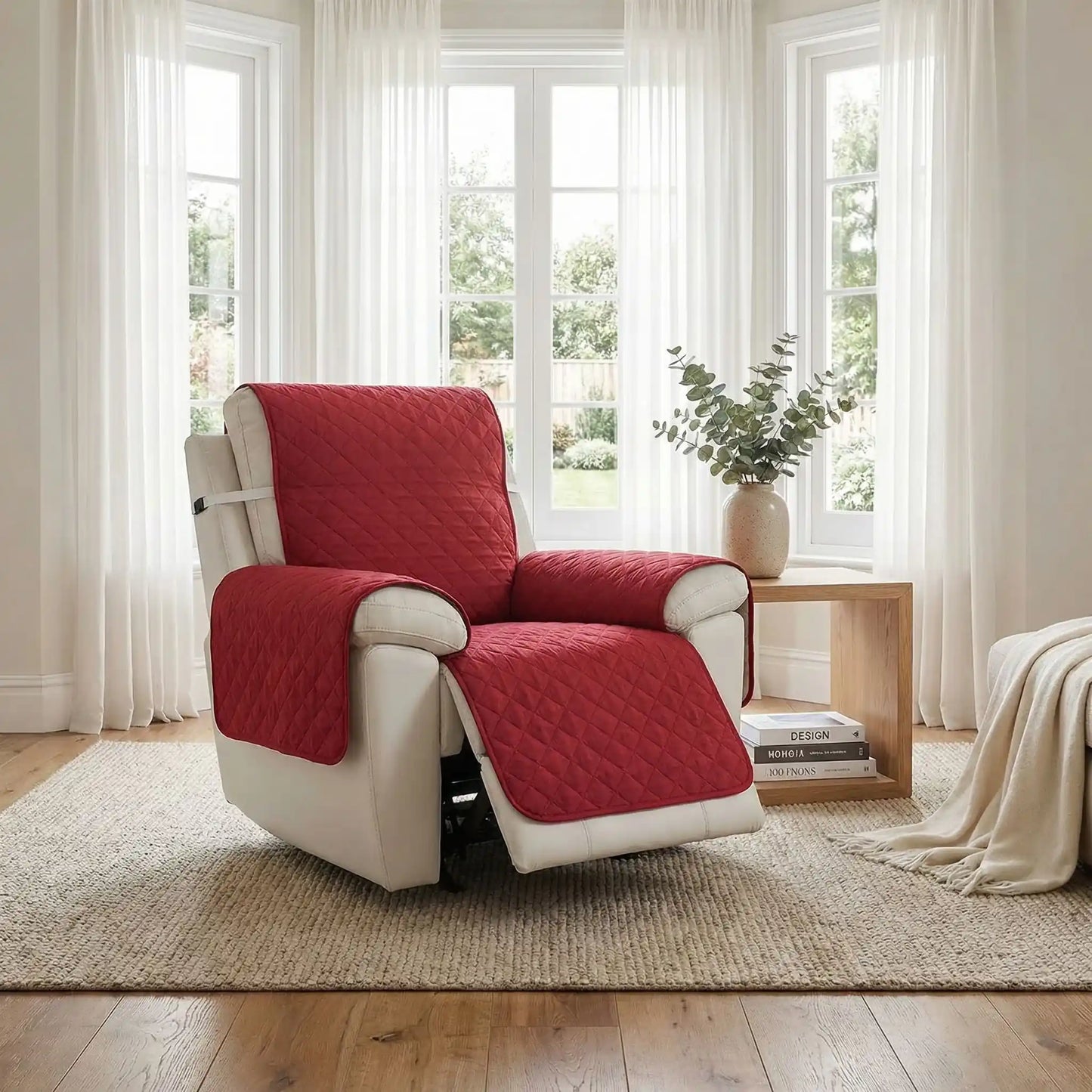 Protection-pour-fauteuil et accoudoir chien-impermeable-4-couches et rembourrage 100% coton, légère et universelle pour fauteuil classique, inclinable ou relax ,lavable en machine, résistant aux griffes et tâches, anti bave et accidents, réversible avec sangles élastiques pour le dossier et 3 pans séparés- photo du modèle de couleur bordeaux sur un fauteuil relax avec pieds inclinés avec accoudoirs protégés dans le salon de la maison