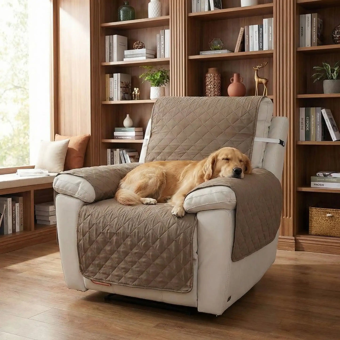 Protection-pour-fauteuil-relax-canapé 1 place- protège accoudoir chien-imperméable-4-couches et rembourrage 100% coton, légère et universelle pour fauteuil classique, inclinable ou relax ,lavable en machine, résistant aux griffes et tâches, anti bave et accidents, réversible avec sangles élastiques pour le dossier et 3 pans séparés- un chien de taille moyenne qui dort avec sa tête sur l'accoudoir et la protection douce et hypoallergénique de couleur marron clair sur le fauteuil relax dans la bibliothèque 