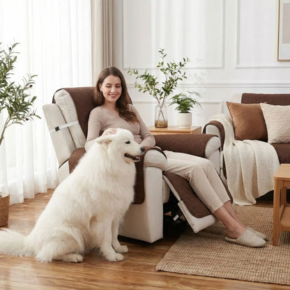 Protection-pour-fauteuil-relax-canapé 1 place- protège accoudoir chien-imperméable-4-couches et rembourrage 100% coton, légère et universelle pour fauteuil classique, inclinable ou relax ,lavable en machine, résistant aux griffes et tâches, anti bave et accidents, réversible avec sangles élastiques pour le dossier et 3 pans séparés-une maitresse assise sur la protection douce et hypoallergénique sur son fauteuil relax avec repose pieds surélevé qui caresse son grand chien assis à côté sur le sol du salon