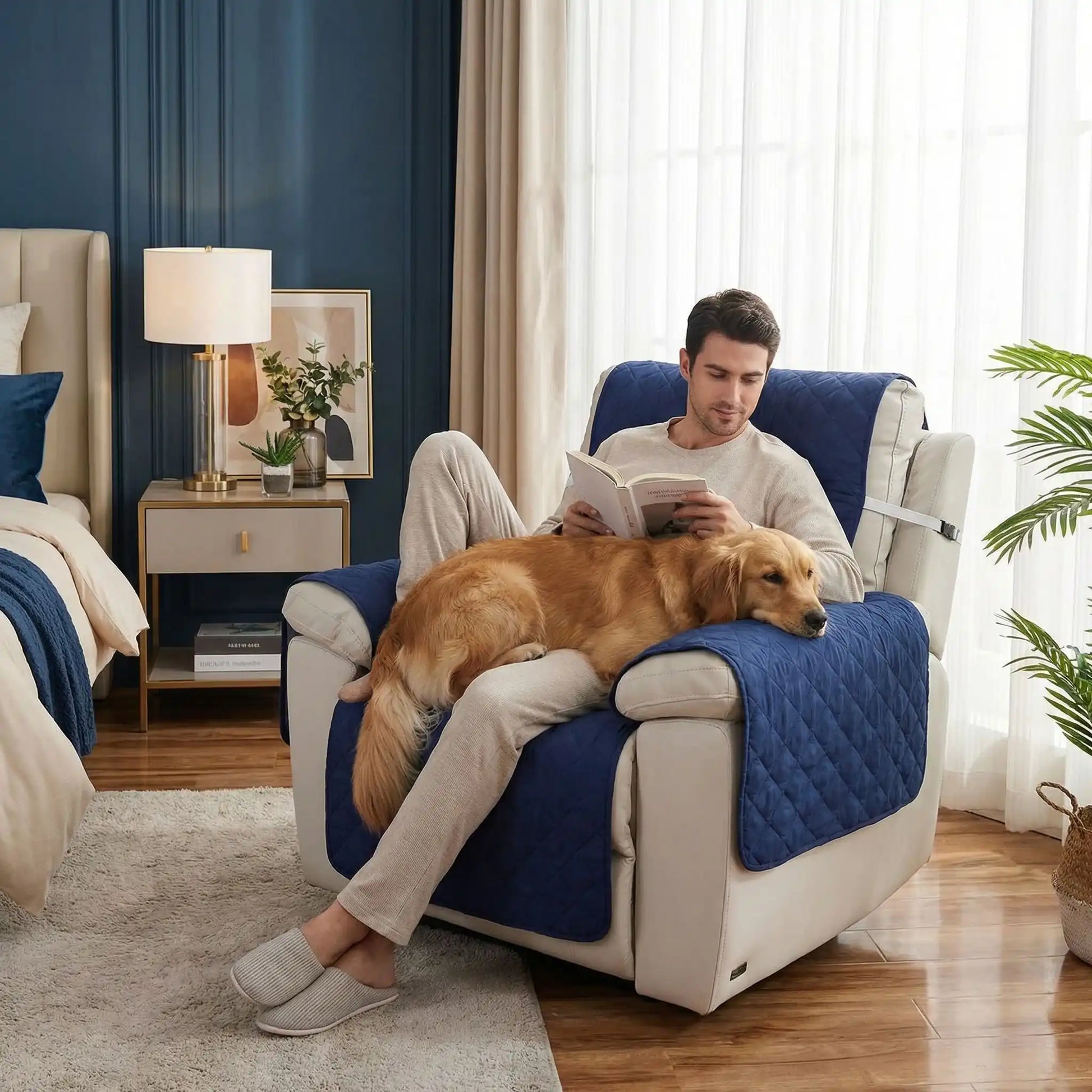 Protection-pour-fauteuil-relax-canapé 1 place- protège accoudoir chien-imperméable-4-couches et rembourrage 100% coton, légère et universelle pour fauteuil classique, inclinable ou relax ,lavable en machine, résistant aux griffes et tâches, anti bave et accidents, réversible avec sangles élastiques pour le dossier et 3 pans séparés- un chien de taille moyen qui dort avec sa tête posé sur l'accoudoir sur la protection douce, couché sur les jambes de son maitre qui lit sur le fauteuil dans la chambre