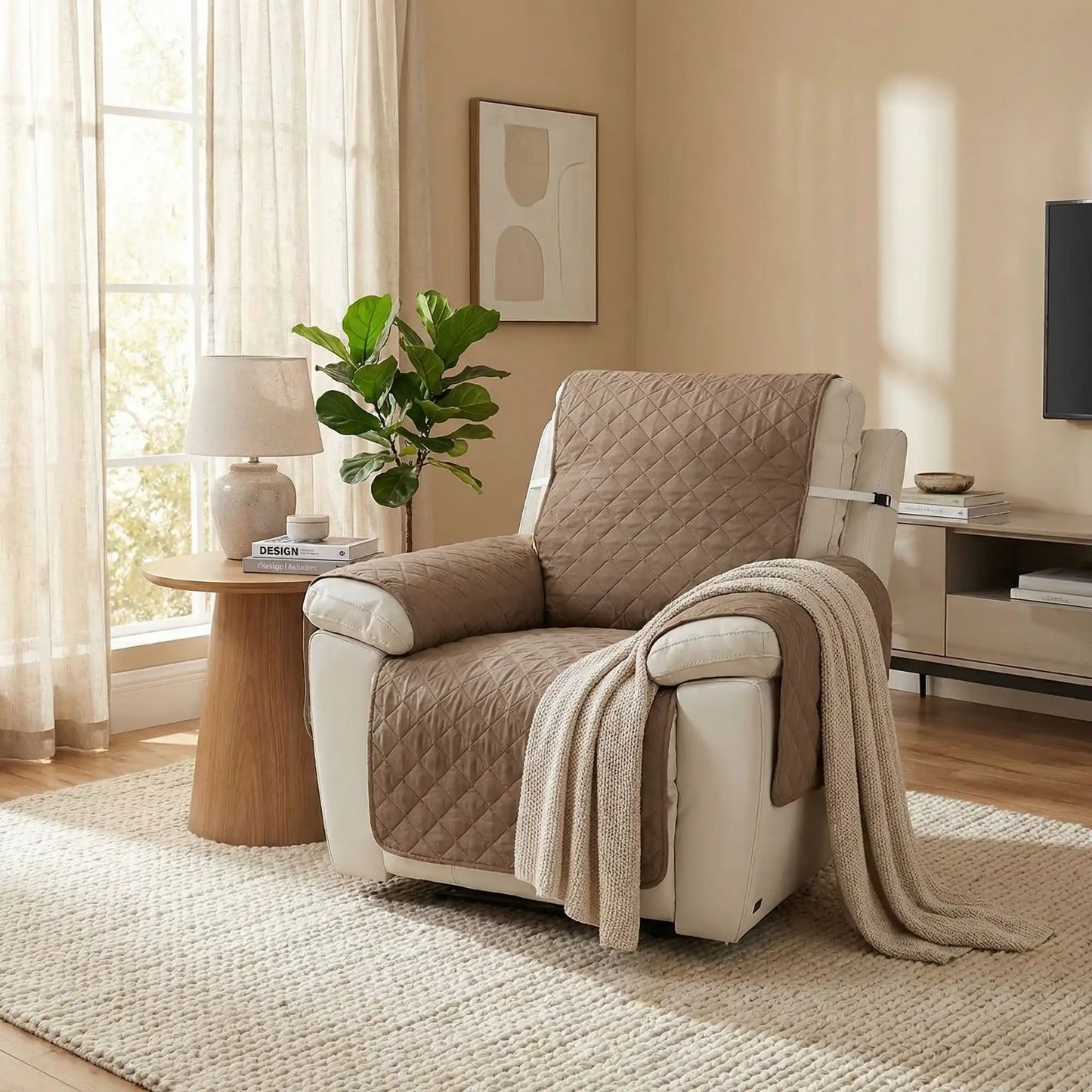 Protection-pour-fauteuil-relax-canapé 1 place- protège accoudoir chien-imperméable-4-couches et rembourrage 100% coton, légère et universelle pour fauteuil classique, inclinable ou relax ,lavable en machine, résistant aux griffes et tâches, anti bave et accidents, réversible avec sangles élastiques pour le dossier et 3 pans séparés- photo du modèle de couleur marron clair installée sur le fauteuil du salon cosy de l'appartement