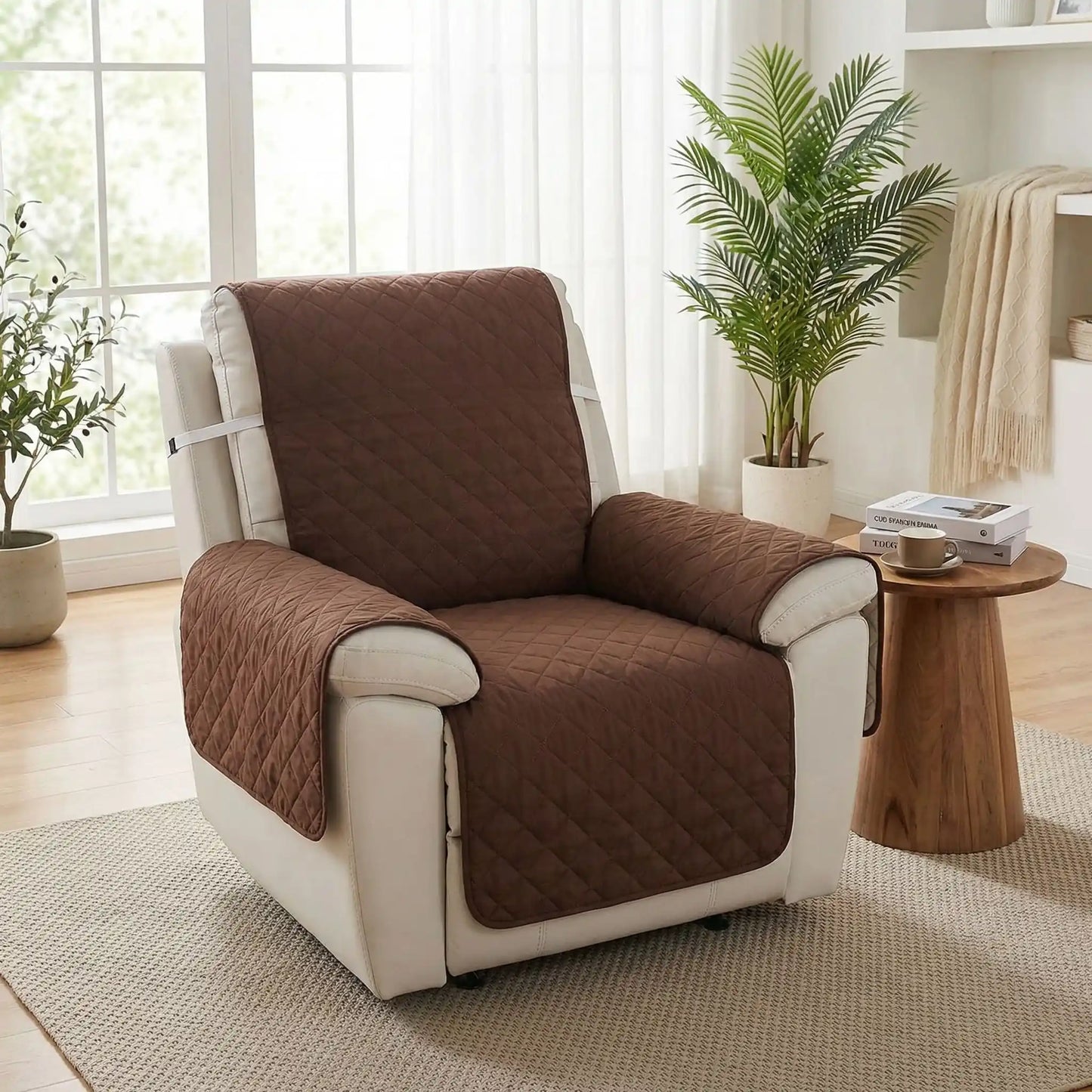 Protection-pour-fauteuil-relax-canapé 1 place- protège accoudoir chien-imperméable-4-couches et rembourrage 100% coton, légère et universelle pour fauteuil classique, inclinable ou relax ,lavable en machine, résistant aux griffes et tâches, anti bave et accidents, réversible avec sangles élastiques pour le dossier et 3 pans séparés- photo du modèle de couleur marron foncé avec sangles ajustable élastiques pour le dossier installée sur le fauteuil dans le salon cosy de la maison