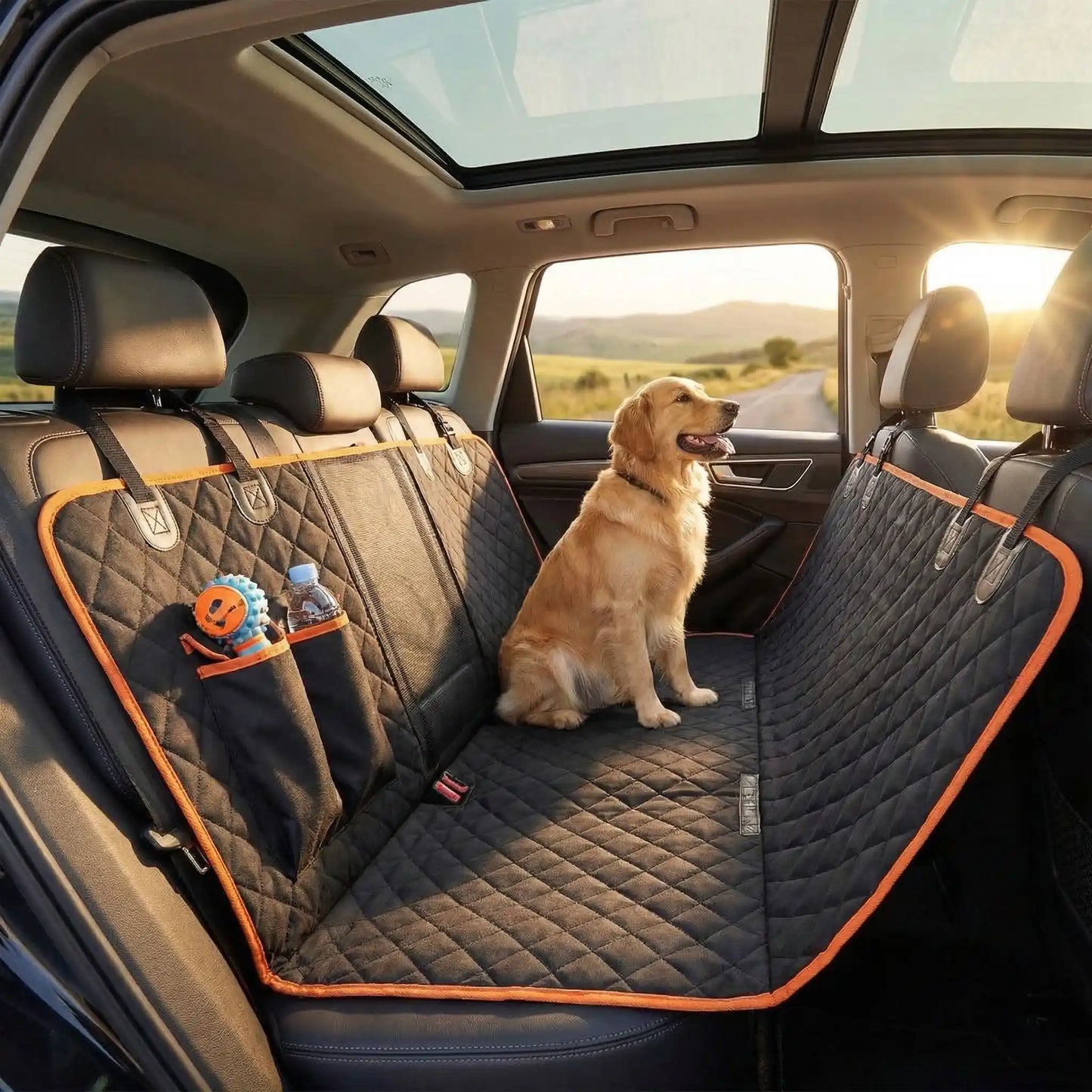 Protection-siege-arriere-voiture-chien , hamac imperméable matelassé et fond rigide avec sangles d'accroche sur les appuies tête et filet de protction au milieu des deux siège avant pour une ventilation optimal et une visibilité pour le conducteur ou passage sur le chien avec ouverture pour les clips de sécurité, pliable et matelassé pour le tranport- avec une ceinture de sécurité pour chien offerte-un chien assis confortablement sur le protège de la banquette arrière de la voiture avec poches de rangement 