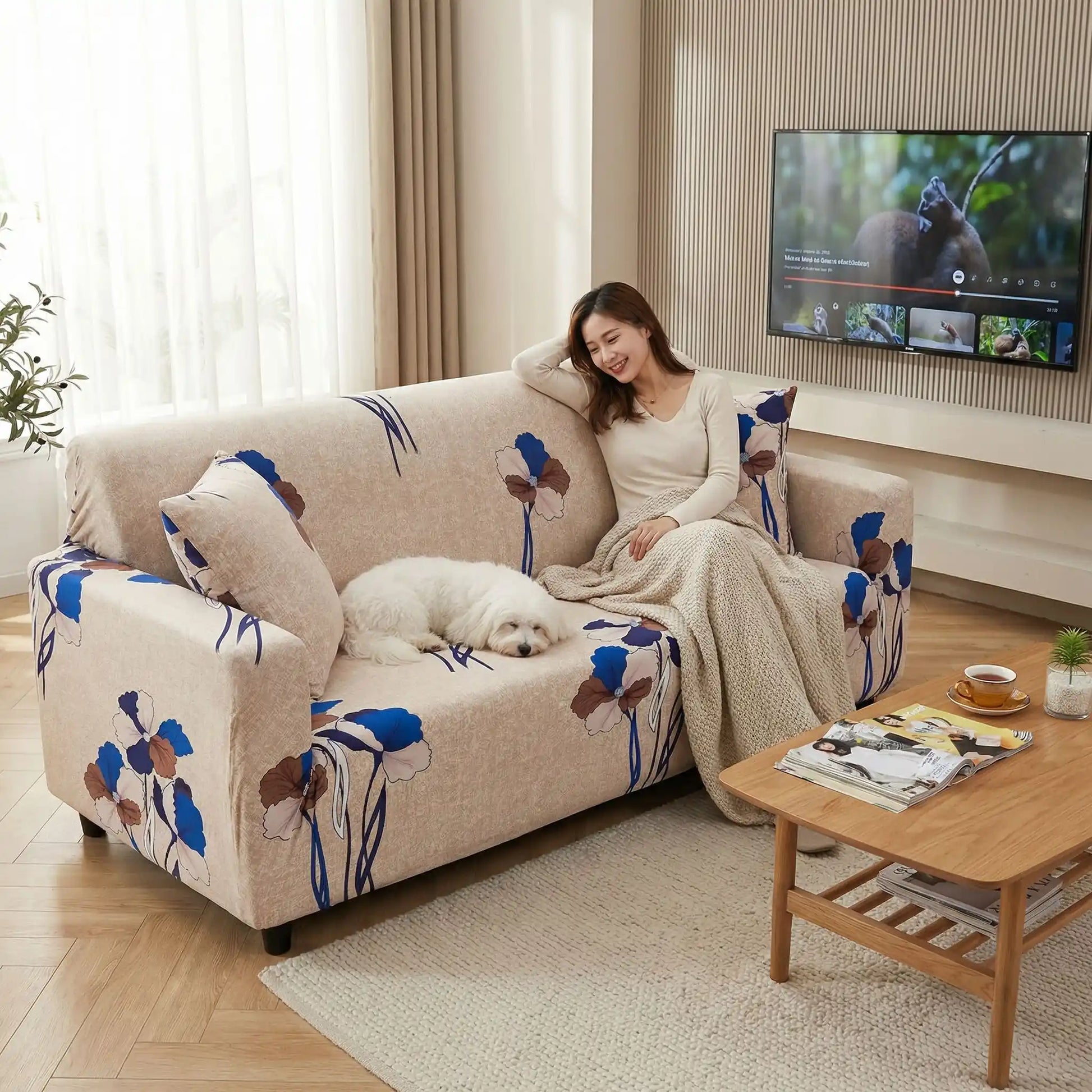 Protection-canape-chien-anti-poils-anti accident, lavable en machine, haute élasticité et resistante aux griffes et à l'usure, universelle en 4 tailles pour fauteuil, canapé de 2/3/4 places, avec élastique et bloque plis- design floral délicat- un e femme qui sourit en regardant son chien qui dort à coté d'elle sur le canapé avec sa housse de protection dans le salon de l'appartement