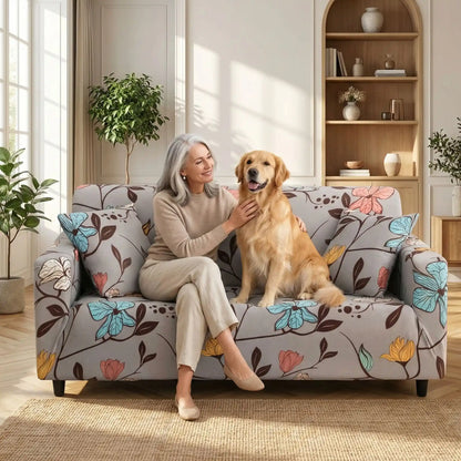 Protection-canape-chien-anti-poils-anti accident, lavable en machine, haute élasticité et resistante aux griffes et à l'usure, universelle en 4 tailles pour fauteuil, canapé de 2/3/4 places, avec élastique et bloque plis- design floral délicat- un femme de 50 ans qui caresse son grand chien affectueux assis tout les deux sur le canapé enveloppé par la housse design universelle dans le salon de l'appartement