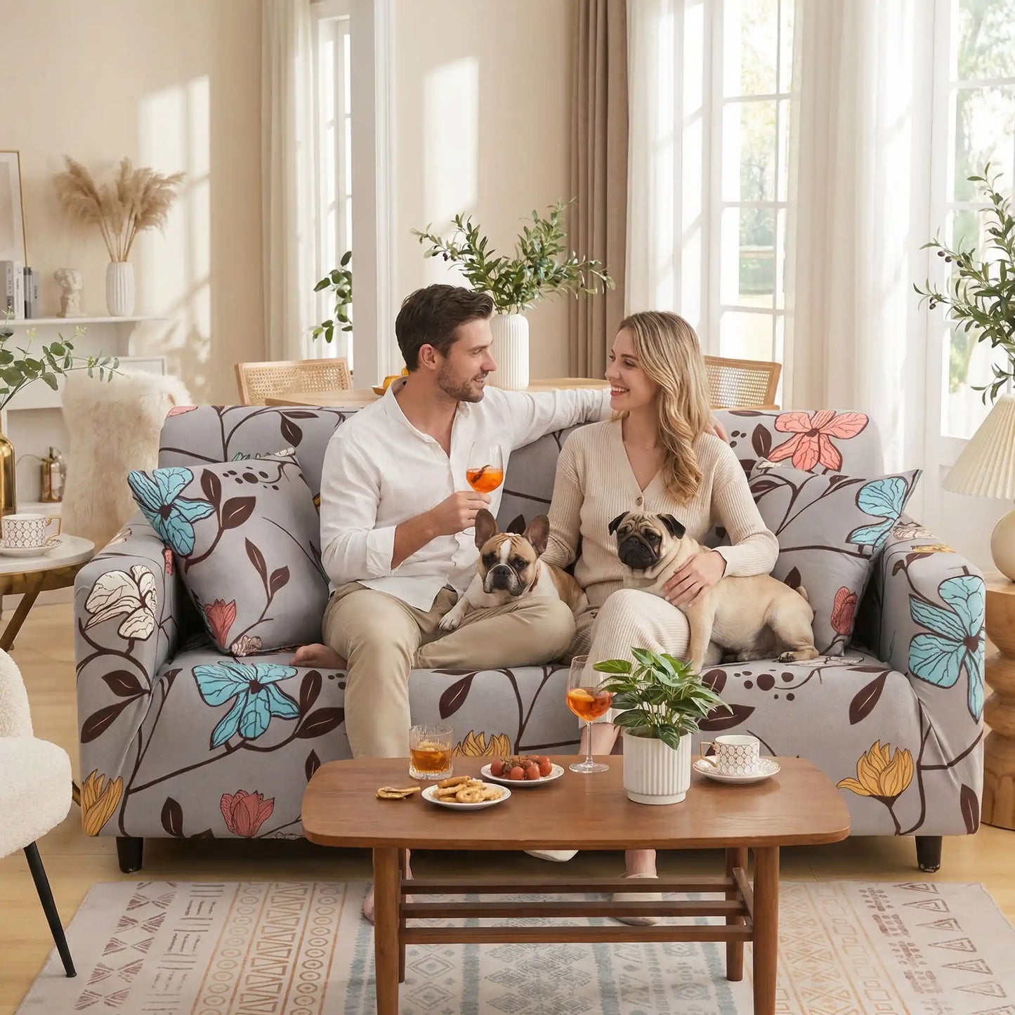 Protection-canape-chien-anti-poils-anti accident, lavable en machine, haute élasticité et resistante aux griffes et à l'usure, universelle en 4 tailles pour fauteuil, canapé de 2/3/4 places, avec élastique et bloque plis- design floral délicat- un couple avec leur deux chiens assis tout les quatre sur le canapé enveloppé par la housse design universelle dans le salon de la maison