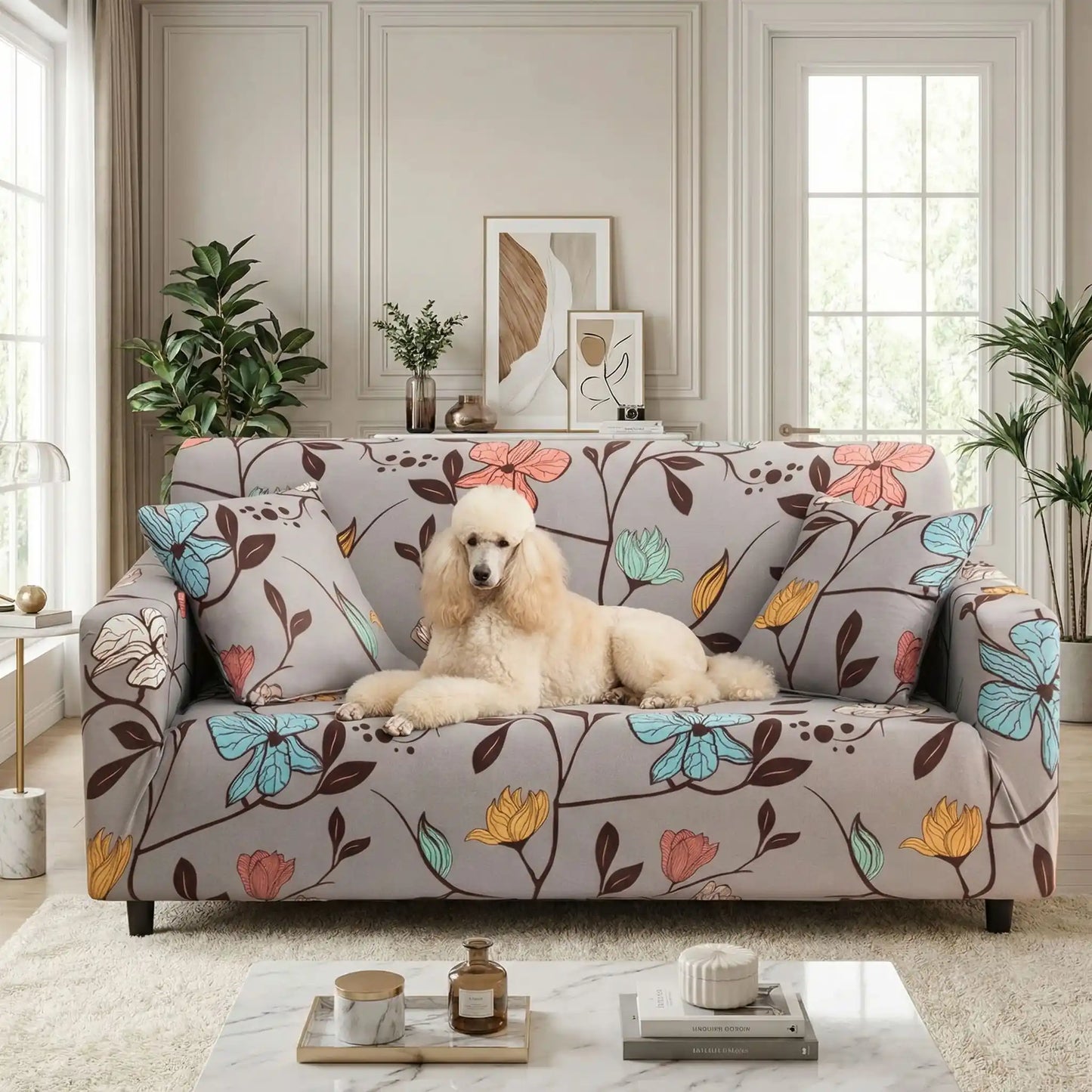 Protection-canape-chien-anti-poils-anti accident, lavable en machine, haute élasticité et resistante aux griffes et à l'usure, universelle en 4 tailles pour fauteuil, canapé de 2/3/4 places, avec élastique et bloque plis- design floral délicat- unchien de grand race couché confortablement sur le canapé enveloppé par la housse design universelle dans le salon de la maison