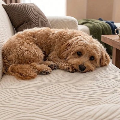 Protection-canape-antiderapant-4-saisons, extensible, lavabkle en machine avec relief doux et sécurisant , tissu anti poils et résistant aux griffes, idéal pour les propriétaire de chiens, 4 tailles disponible du fauteuil 1 places au XL pour canapé 4 places-gros plan sur un petit  chien qui se repose paisiblement couché sur la housse intégrale ultra douce et imperméable avec design discret et classique de couleur blanche sur le canapé dans le salon de l'appartement