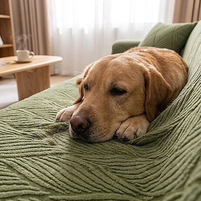Protection-canape-antiderapant-4-saisons, extensible, lavabkle en machine avec relief doux et sécurisant , tissu anti poils et résistant aux griffes, idéal pour les propriétaire de chiens, 4 tailles disponible du fauteuil 1 places au XL pour canapé 4 places-gros plan sur un grand chien couché de tout son long sur la housse intégrale et imperméable avec design discret et classique de couleur vert sur le grand canapé dans le salon de la maison