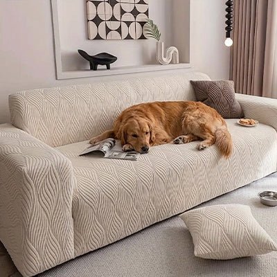 Protection-canape-antiderapant-4-saisons, extensible, lavabkle en machine avec relief doux et sécurisant , tissu anti poils et résistant aux griffes, idéal pour les propriétaire de chiens, 4 tailles disponible du fauteuil 1 places au XL pour canapé 4 places-un chien de taille moyenne couché sur la housse intégrale et imperméable avec design discret et classique de couleur blanc sur le grand canapé dans le salon de la maison