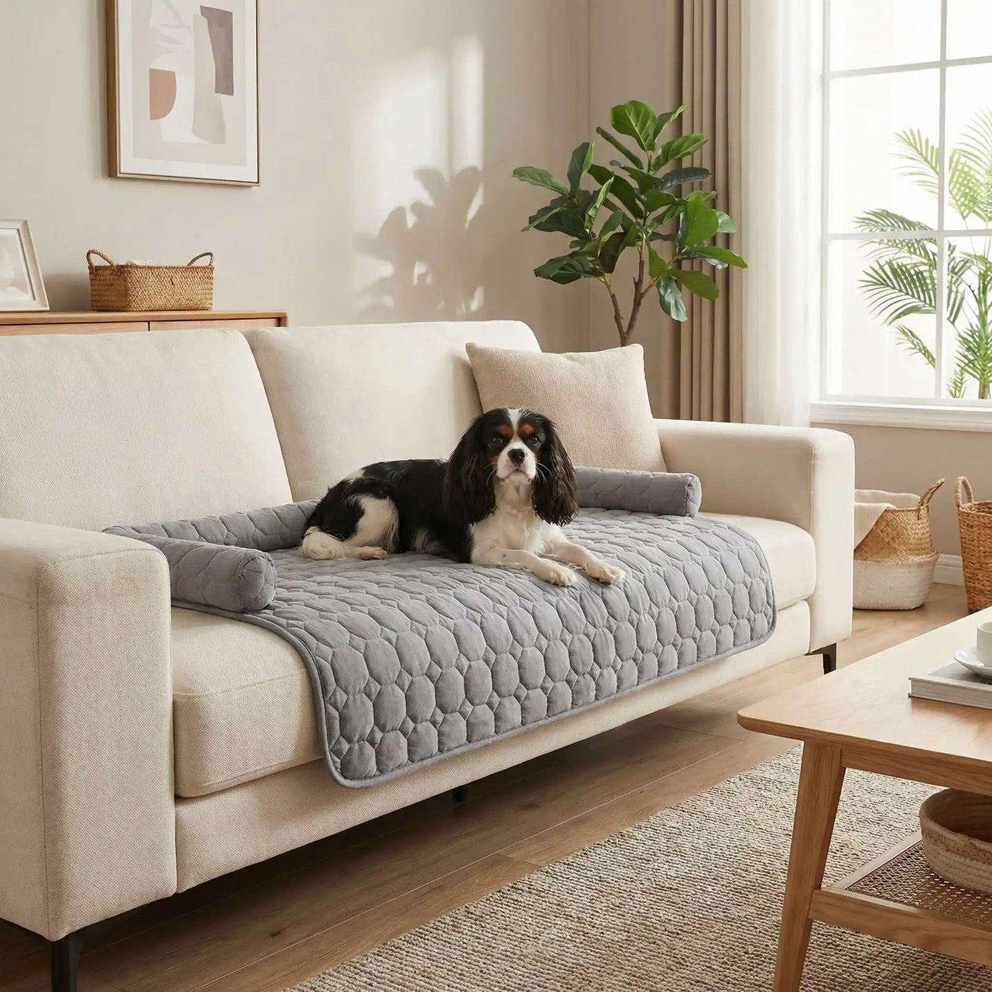 Protege-canape-chien-chiot-imperméable, résistant aux griffes, durable, tapis ou couverture qui protège des accidents, humidité saleté, boue,tissu anti poils, lavable en machine avec traversin en U pour un sentiment d'enveloppement ou un soutien du cou ou de la tête du chien, antidérapant pour chien de 0 à 15 kilos-un chien d etaille moyenne couché confortablement sur le protege canape de couleur gris au rembourrage 100% coton sur le canapé blanc du salon de l'appartement