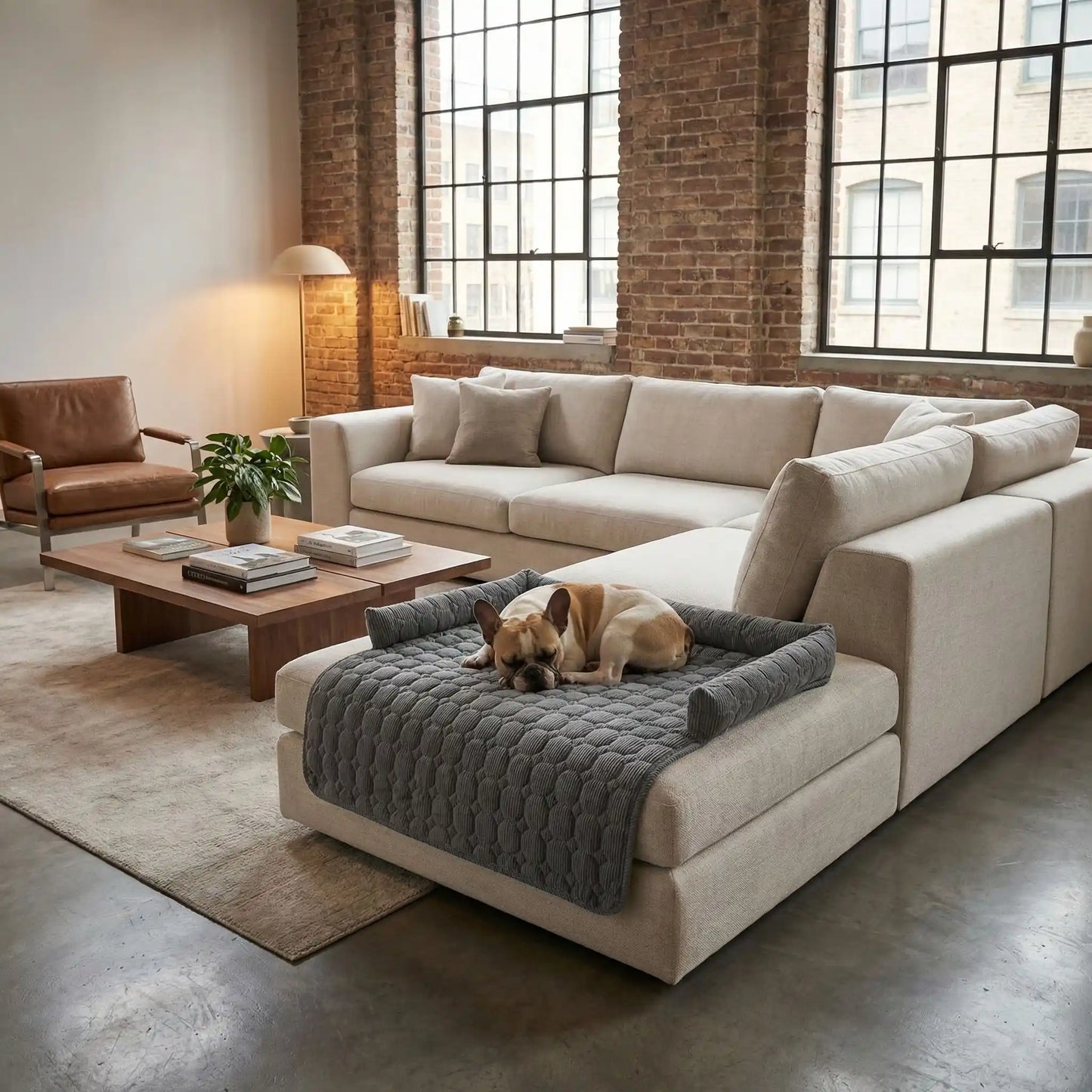 Protege-canape-chien-chiot-imperméable, résistant aux griffes, durable, tapis ou couverture qui protège des accidents, humidité saleté, boue,tissu anti poils, lavable en machine avec traversin en U pour un sentiment d'enveloppement ou un soutien du cou ou de la tête du chien, antidérapant pour chien de 0 à 15 kilos-un chiot de race moyenne en apprentissage de propreté qui dort en boule sur le protege canape de couleur gris au rembourrage 100% coton sur le canapé du salon du loft