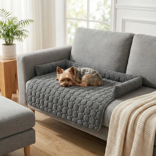 Protege-canape-chien-chiot-imperméable, résistant aux griffes, durable, tapis ou couverture qui protège des accidents, humidité saleté, boue,tissu anti poils, lavable en machine avec traversin en U pour un sentiment d'enveloppement ou un soutien du cou ou de la tête du chien, antidérapant pour chien de 0 à 15 kilos-un Yorshire qui dort paisiblement en boule sur le protege canape de couleur gris au rembourrage 100% coton sur le canapé du salon de la maison