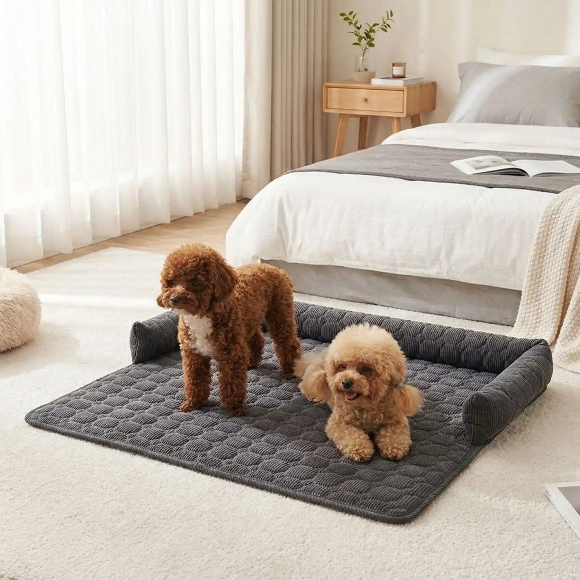 Protege-canape-chien-chiot-imperméable, résistant aux griffes, durable, tapis ou couverture qui protège des accidents, humidité saleté, boue,tissu anti poils, lavable en machine avec traversin en U pour un sentiment d'enveloppement ou un soutien du cou ou de la tête du chien, antidérapant pour chien de 0 à 15 kilos-deux chiots , un couché et l'autre assis en apprentissage de propreté sur le protege canape de couleur gris u rembourrage  coton sur le sol en moquette , dimensions 75x75 cm