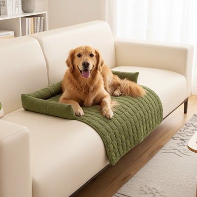 Protege-canape-chien-chiot-imperméable, résistant aux griffes, durable, tapis ou couverture qui protège des accidents, humidité saleté, boue,tissu anti poils, lavable en machine avec traversin en U pour un sentiment d'enveloppement ou un soutien du cou ou de la tête du chien, antidérapant pour chien de 0 à 15 kilos-un chien à poils lond et épais couché confortablement sur le protege canape de couleur vert au rembourrage 100% coton sur le canapé du salon de la maison
