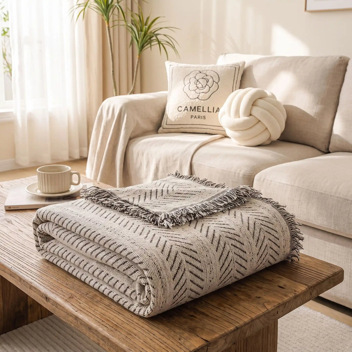 Protège-canapé-pour-chien-plaid-anti-poils-résistante aux griffes, tissage chenille coton et polyester, écoresponsable avec franges pour un style bohème chic de couleur blanc et noir disponible en 4 tailles pour fauteuil/canapé une place, deux places, 3 places et 4 places, lavable en machine, doux respirant confortable et 4 saisons-gros plan sur le plaid de protection plié disponible en 4 tailles pour s'adapter à tous mobilier, légère, transportable, idéal pour les déplacement et protéger les sièges voiture