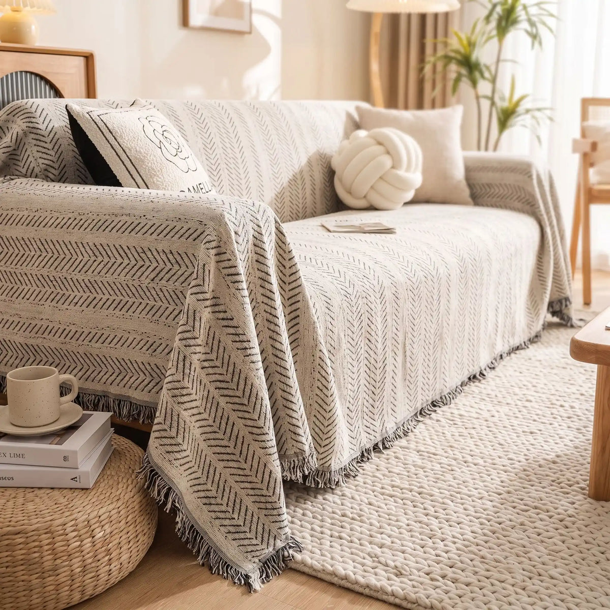 Protège-canapé-pour-chien-plaid-anti-poils-résistante aux griffes, tissage chenille coton et polyester, écoresponsable avec franges pour un style bohème chic de couleur blanc et noir disponible en 4 tailles pour fauteuil/canapé une place, deux places, 3 places et 4 places, lavable en machine, doux respirant confortable et 4 saisons-gros plan sur le protège canapé installé et totalement couvrant sur le canapé 4 places dans le salon de la maison