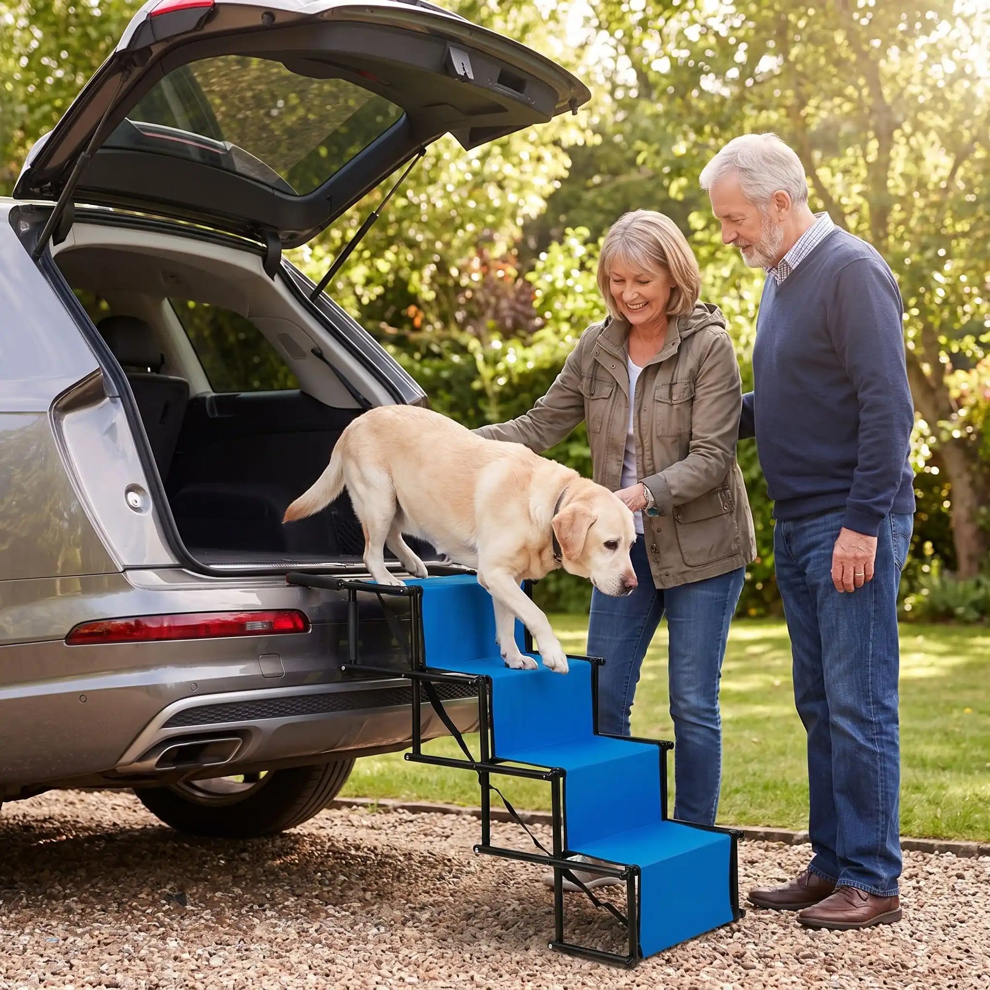 Rampe-escalier-pour-chien-chiot-pliable-voiture en acier oxydable et tissu oxford résistant aux griffes, antidérapant et 100% imperméable, pliage en accordéon, ouverture rapide et facile en un geste, poignées en mousse anti-rayures, légère avec sangles de transport de 4 marches avec hauteurs modulables 56 à 76 cm pour chien de moyenne à grande taille de 30 à 75 kilos max-un chien de grande taille qui descend du coffre de la voiture sur la rampe escalier de 4 marches dépliables de couleur bleu 