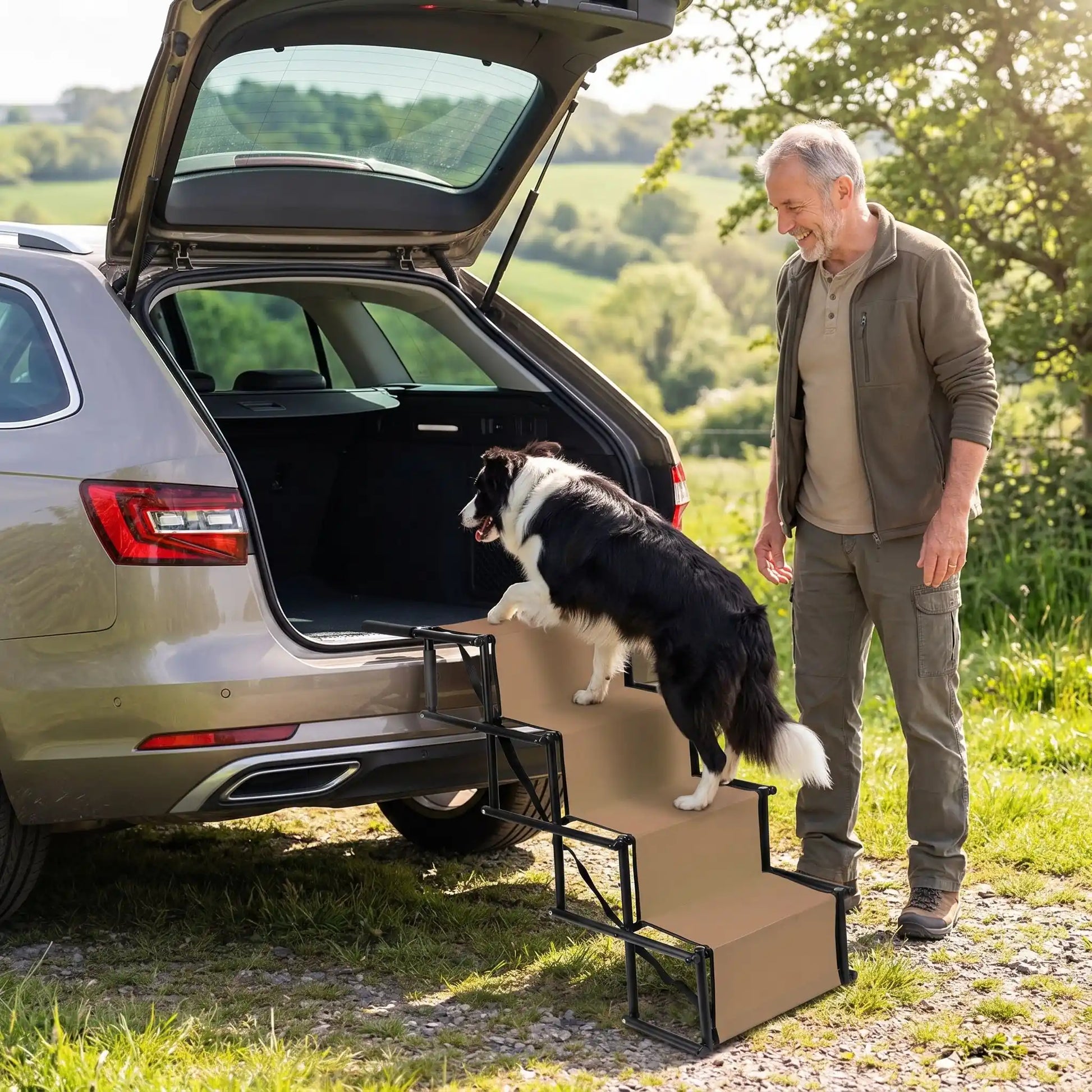 Rampe-escalier-pour-chien-chiot-pliable-voiture en acier oxydable et tissu oxford résistant aux griffes, antidérapant et 100% imperméable, pliage en accordéon, ouverture rapide et facile en un geste, poignées en mousse anti-rayures, légère avec sangles de transport de 4 marches avec hauteurs modulables 56 à 76 cm pour chien de moyenne à grande taille de 30 à 75 kilos max-un chien de moyenne taille qui monte du coffre de la voiture sur la rampe escalier de 4 marches dépliables de couleur marron