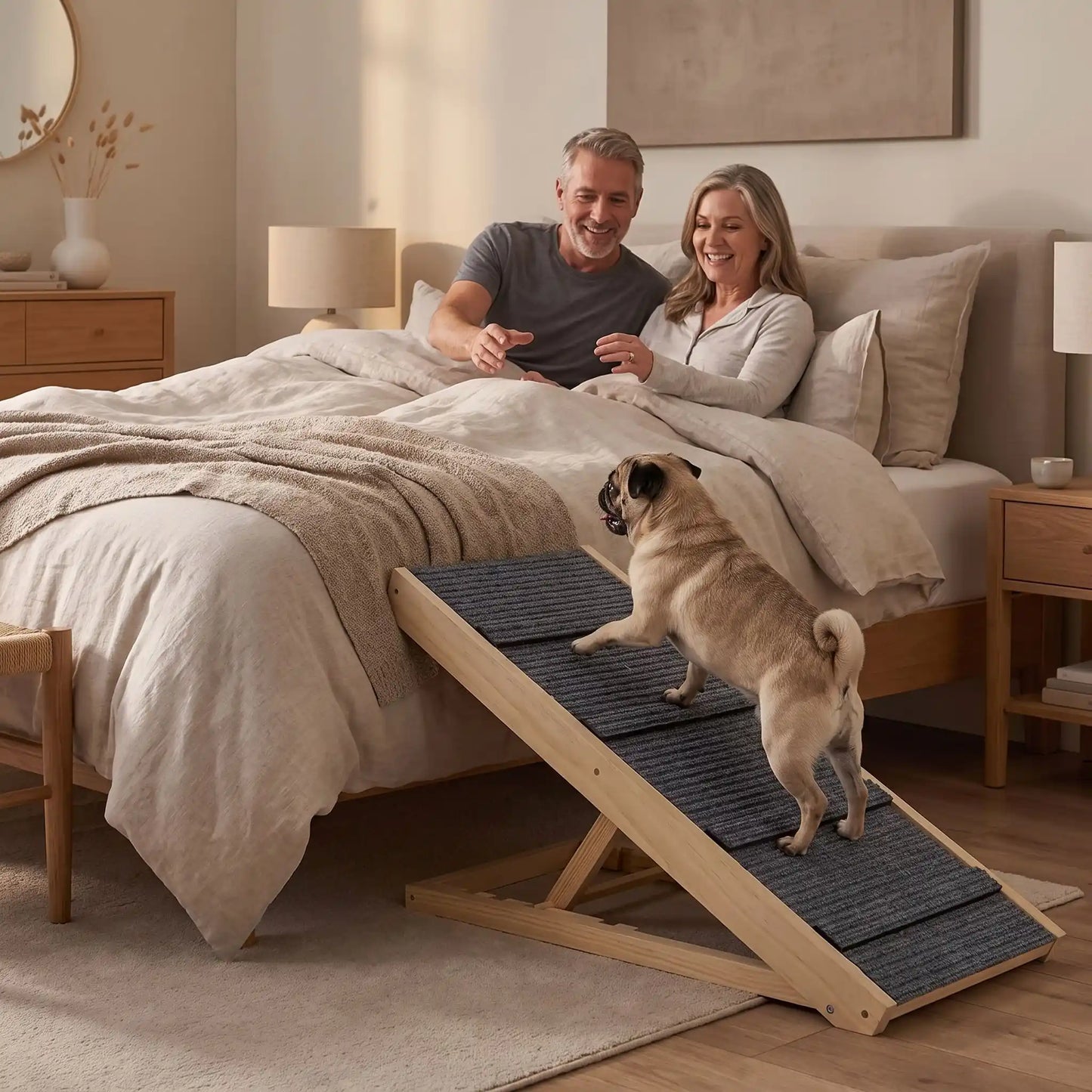 Rampe-pour-chien-chiot escalier pliable, en bois massif robuste de pin et surface adaptable en moquette douce et petites marches tranversales antidérapante pour un accès sécurisé et facile canapé, lit ou en transport en déplacement, en voiture pour la montée et la descente du chien en toute autonomie et sécurité, 4 hauteurs réglables pour toutes races- un chien de taille moyenne qui monte sur la rampe en bois avec 4 hauteurs réglables, en équerre pour rejoindre le lit de ses maitres pour un cododo
