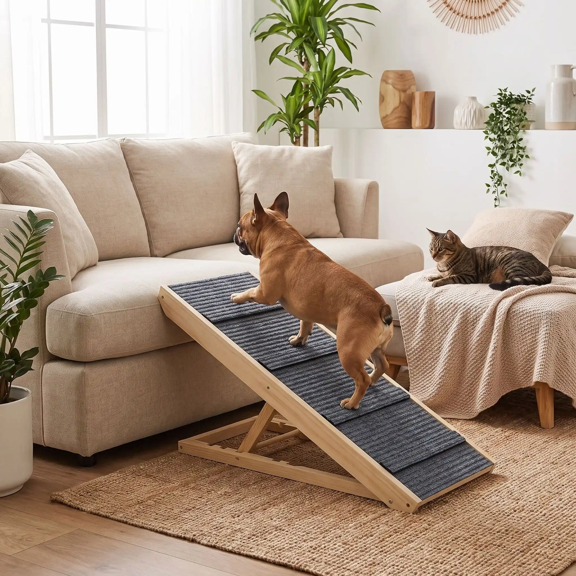 Rampe-pour-chien-chiot escalier pliable, en bois massif robuste de pin et surface adaptable en moquette douce et petites marches tranversales antidérapante pour un accès sécurisé et facile canapé, lit ou en transport en déplacement, en voiture pour la montée et la descente du chien en toute autonomie et sécurité, 4 hauteurs réglables pour toutes races- un chien de taille moyenne qui monte sur la rampe en bois avec 4 hauteurs réglables, structure en bois en équerre pour rejoindre le canapé en toute sécurité