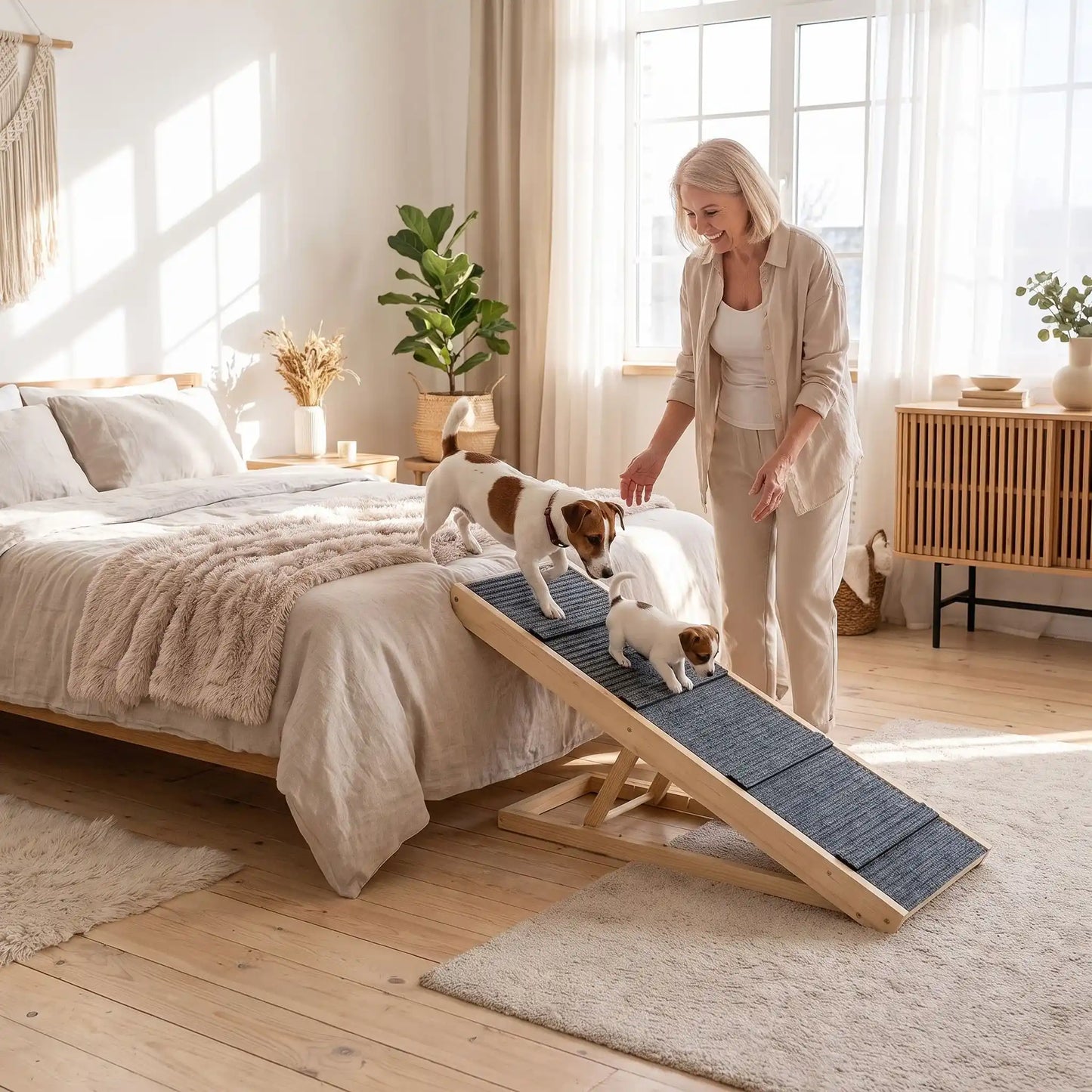 Rampe-pour-chien-chiot escalier pliable, en bois massif robuste de pin et surface adaptable en moquette douce et petites marches tranversales antidérapante pour un accès sécurisé et facile canapé, lit ou en transport en déplacement, en voiture pour la montée et la descente du chien en toute autonomie et sécurité, 4 hauteurs réglables pour toutes races- un chien de petite taille et son chiot qui descendent sur la rampe en bois 4 hauteurs réglables, structure en équerre pour rejoindre le sol en toute sécurité