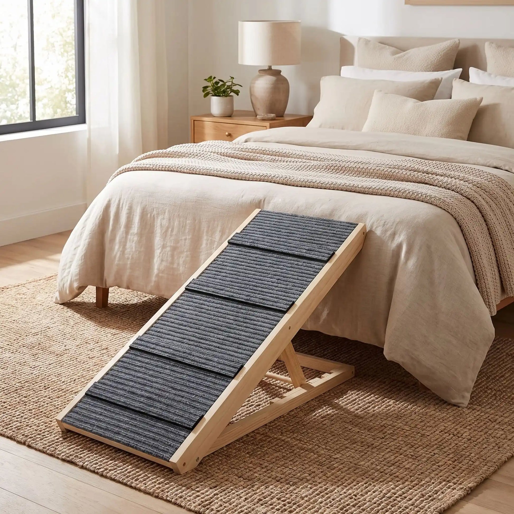 Rampe-pour-chien-chiot escalier pliable, en bois massif robuste de pin et surface adaptable en moquette douce et petites marches tranversales antidérapante pour un accès sécurisé et facile canapé, lit ou en transport en déplacement, en voiture pour la montée et la descente du chien en toute autonomie et sécurité, 4 hauteurs réglables pour toutes races- gros plan sur la rampe en bois avec 4 hauteurs réglables, structure en bois en équerre pour rejoindre le lit des maitres en toute sécurité