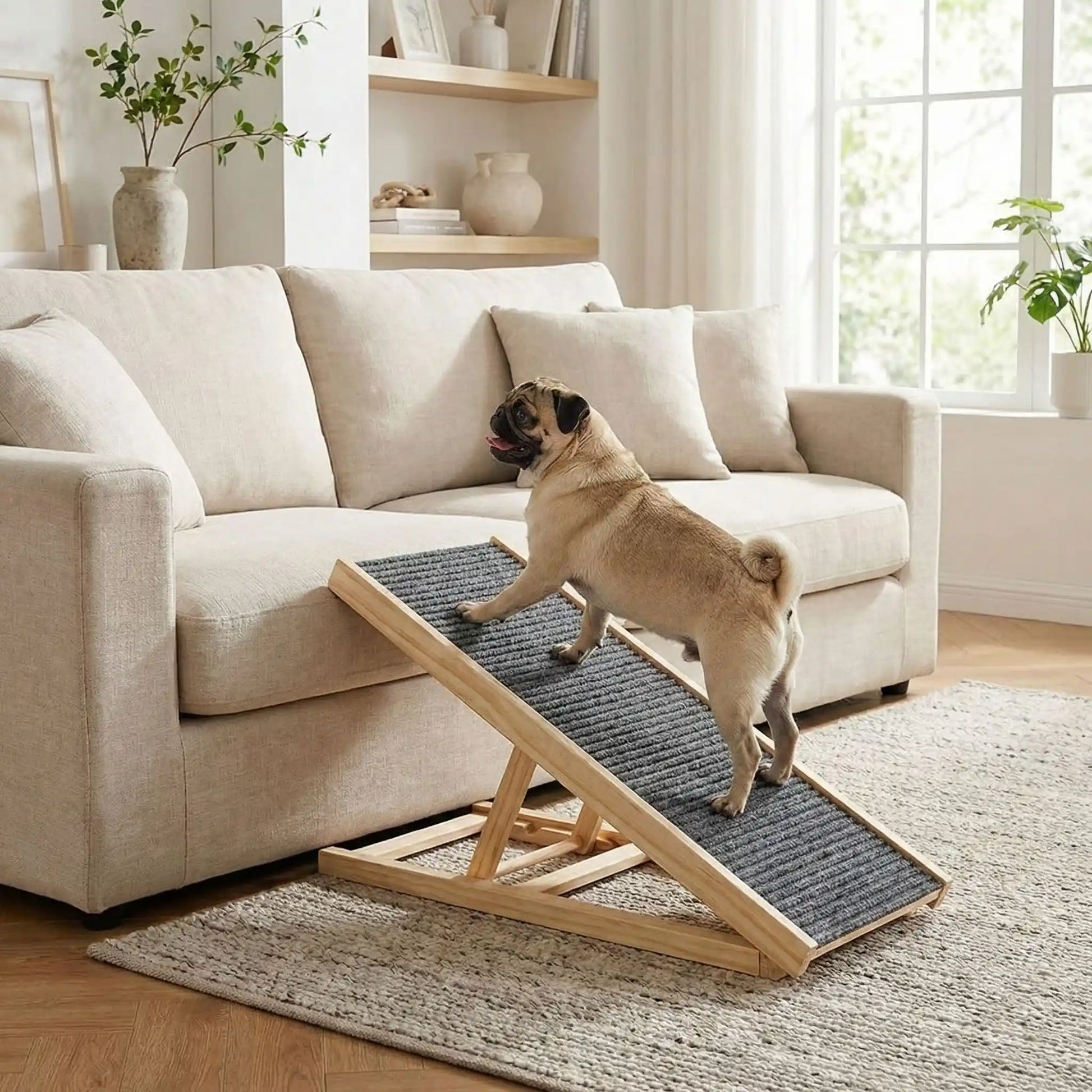Rampe-pour-chien-pliable, en bois massif robuste de pin et surface adaptable en moquette douce et antidérapante pour un accès sécurisé et facile au meubles, canapé, lit de la maison ou en transport en déplacement, en voiture pour la montée et la descente du chien en toute autonomie et sécurité-un Carlin qui monte confortablement sur la rampe inclinée pour un accès au canapé en toute sécurité, idéal pour les races aux articulations fragiles, âgés, atteint de dysplasie, en croissance ou convalescence
