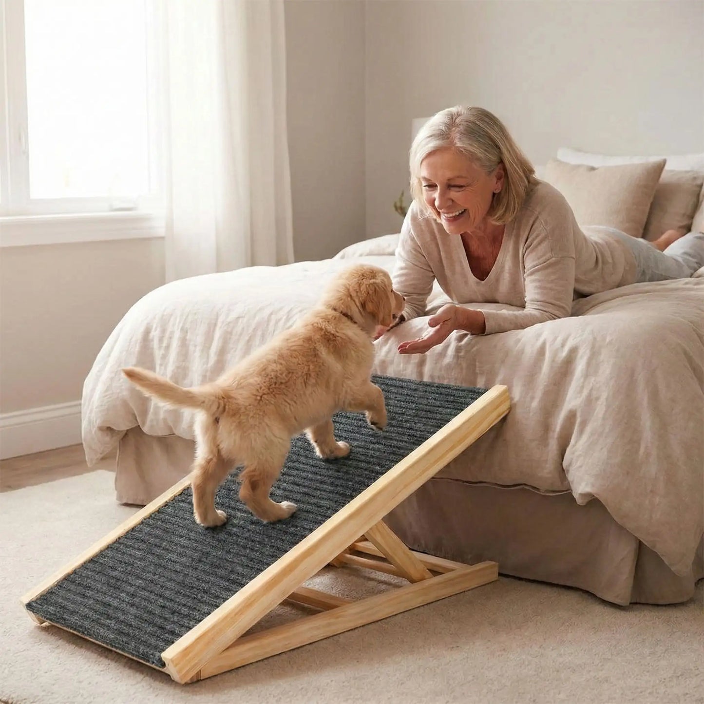 Rampe-pour-chien-pliable, en bois massif robuste de pin et surface adaptable en moquette douce et antidérapante pour un accès sécurisé et facile au meubles, canapé, lit de la maison ou en transport en déplacement, en voiture pour la montée et la descente du chien en toute autonomie et sécurité-un petit chien qui monte confortablement sur la rampe inclinée pour rejoindre son maitre sur le lit, idéal pour les races aux articulations fragiles, âgés, atteint de dysplasie, en croissance ou convalescence