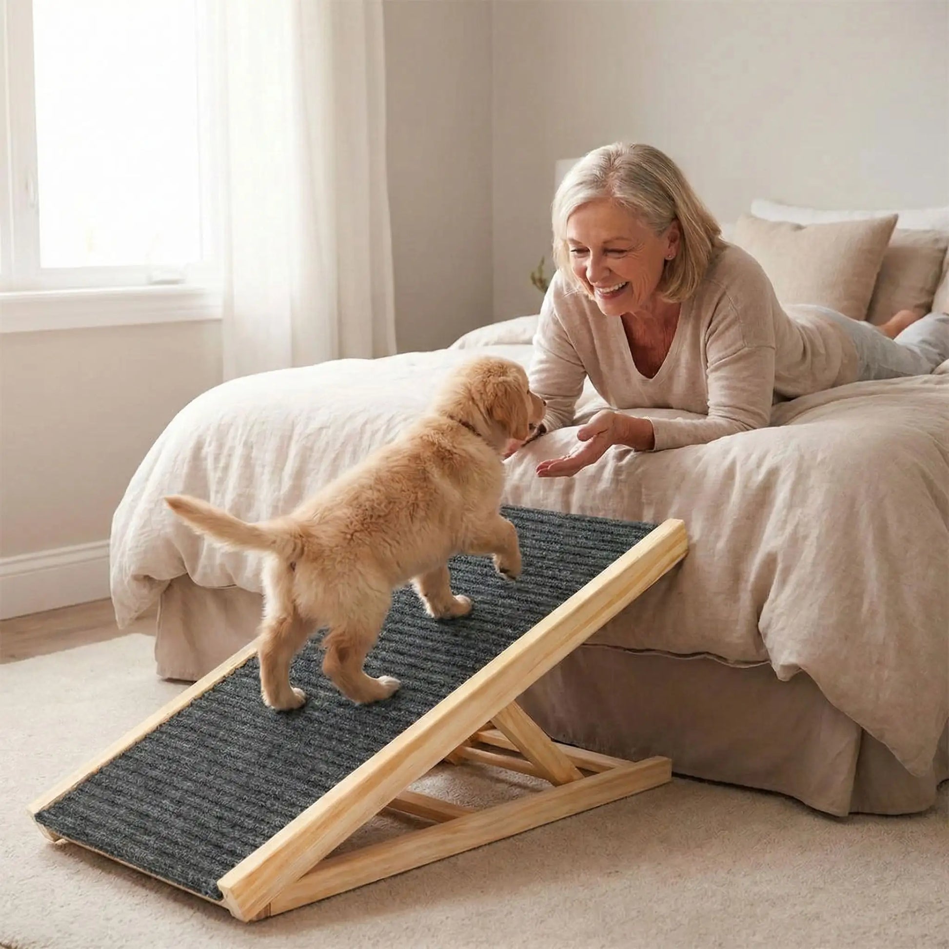 Rampe-pour-chien-pliable, en bois massif robuste de pin et surface adaptable en moquette douce et antidérapante pour un accès sécurisé et facile au meubles, canapé, lit de la maison ou en transport en déplacement, en voiture pour la montée et la descente du chien en toute autonomie et sécurité-un petit chien qui monte confortablement sur la rampe inclinée pour rejoindre son maitre sur le lit, idéal pour les races aux articulations fragiles, âgés, atteint de dysplasie, en croissance ou convalescence