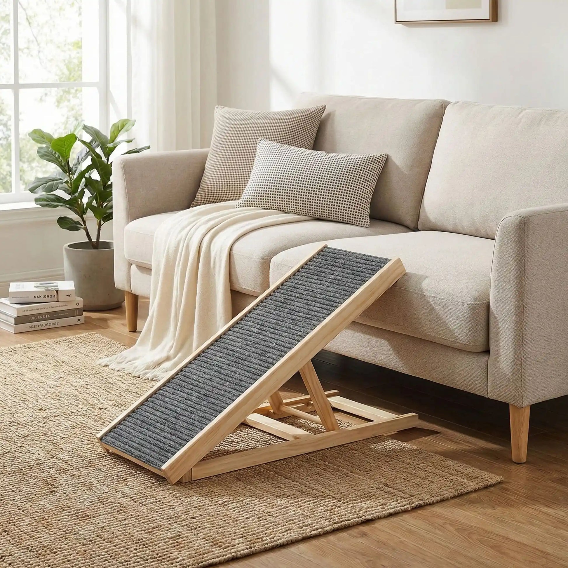 Rampe-pour-chien-pliable, en bois massif robuste de pin et surface adaptable en moquette douce et antidérapante pour un accès sécurisé et facile au meubles, canapé, lit de la maison ou en transport en déplacement, en voiture pour la montée et la descente du chien en toute autonomie et sécurité-photo de la rampe inclinée contre le canapé du salon, idéal pour les races aux articulations fragiles, âgés, atteint de dysplasie, en croissance ou convalescence