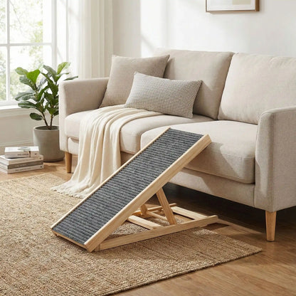 Rampe-pour-chien-pliable, en bois massif robuste de pin et surface adaptable en moquette douce et antidérapante pour un accès sécurisé et facile au meubles, canapé, lit de la maison ou en transport en déplacement, en voiture pour la montée et la descente du chien en toute autonomie et sécurité-photo de la rampe inclinée contre le canapé du salon, idéal pour les races aux articulations fragiles, âgés, atteint de dysplasie, en croissance ou convalescence