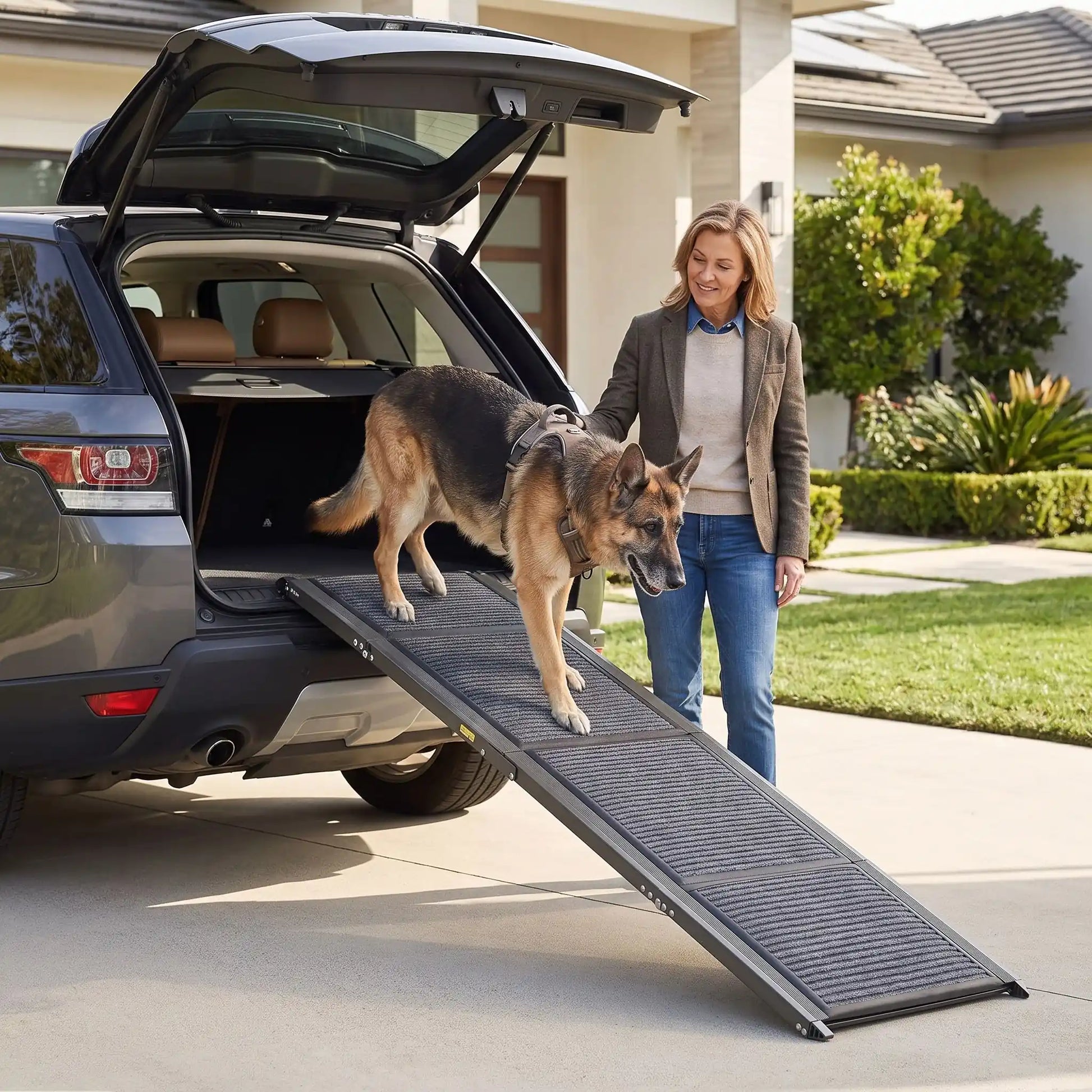 Rampe-pour-chien-chiot pout voiture de 180-cm universelle pour accès facile par la portière ou coffre de voiture, berline, monospace, camionette, SUV, 4x4, camping-car, réglable en Aluminium 6063 haute résistance avec des bords renforcés de 2 mm, cette rampe pour chien supporte jusqu'à 113 kg, antidérapante et 100% imperméable, pliable et compacte, légère de 7 kg transportable pour chiot et chien de toute race et toute taille-un chien de grande taille âgé qui descend du coffre par la rampe avec sa maitresse