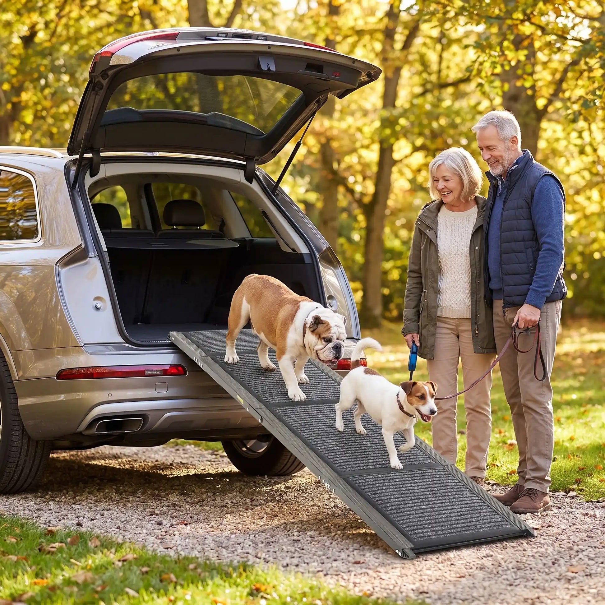 Rampe-pour-chien-chiot pout voiture de 180-cm universelle pour accès facile par la portière ou coffre de voiture, berline, monospace, camionette, SUV, 4x4, camping-car, réglable en Aluminium 6063 haute résistance avec des bords renforcés de 2 mm, cette rampe pour chien supporte jusqu'à 113 kg, antidérapante et 100% imperméable, pliable et compacte, légère de 7 kg transportable pour chiot et chien de toute race et toute taille-deux chiens âgés à pattes courtes qui descendent du coffre par la rampe pliable