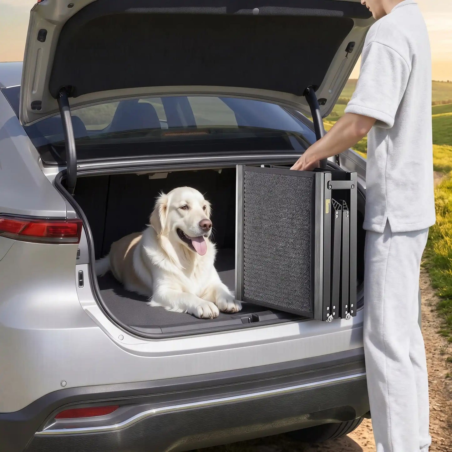 Rampe-pour-chien-chiot pout voiture de 180-cm universelle pour accès facile par la protière ou coffre de voiture, berline, monospace, camionette, SUV, 4x4, camping-car, réglable en Aluminium 6063 haute résistance avec des bords renforcés de 2 mm, cette rampe pour chien supporte jusqu'à 113 kg, antidérapante et 100% imperméable, pliable et compacte, légère de 7 kg transportable pour chiot et chien de toute race et toute taille-un propriétaire qui range la rampe pliée , compact dans le coffre de la voiture 