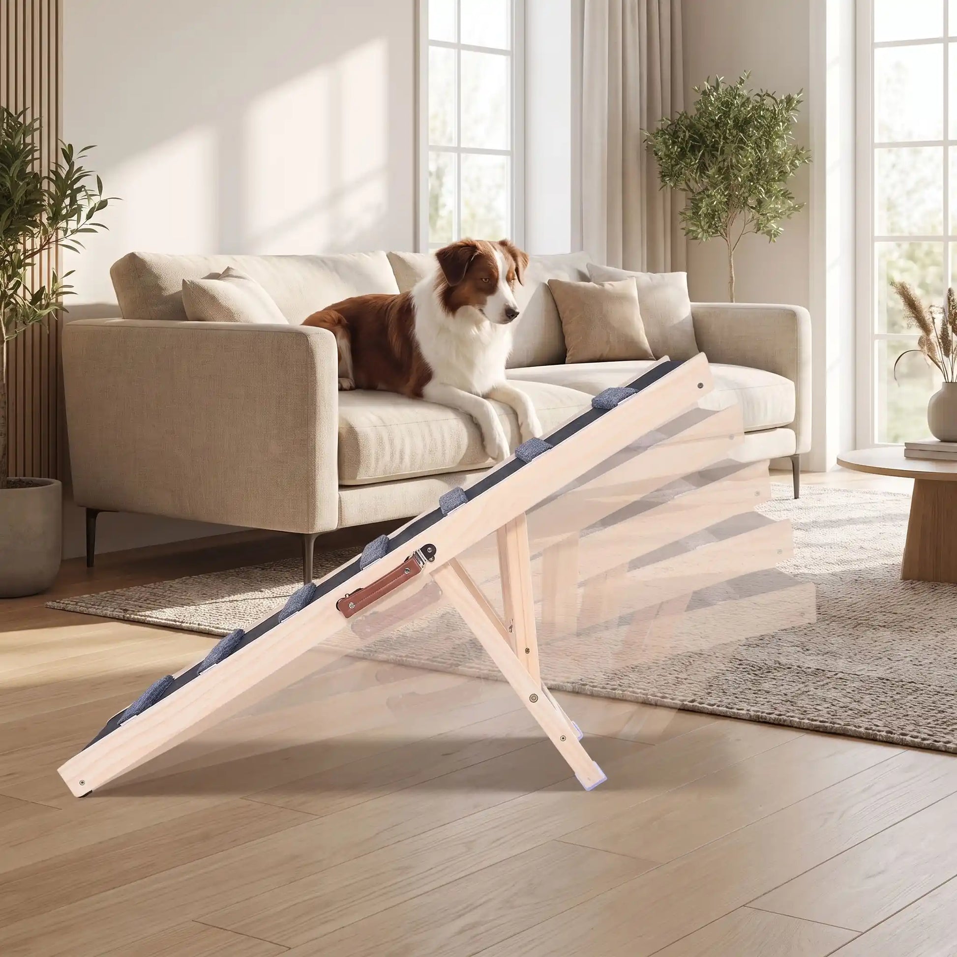 Rampe-pour-chiens-chiots pliable, en bois massif robuste de pin et surface adaptable en moquette douce et petites marches tranversales antidérapante pour un accès sécurisé et facile canapé, lit de la maison ou en transport en déplacement, en voiture pour la montée et la descente du chien en toute autonomie et sécurité, 5 hauteurs réglables -gros plan sur la rampe en bois pour chien avec les 5 inclinaisons possibles réglables polyvalente avec sa poignée de transport intégré pour un rangement compact 