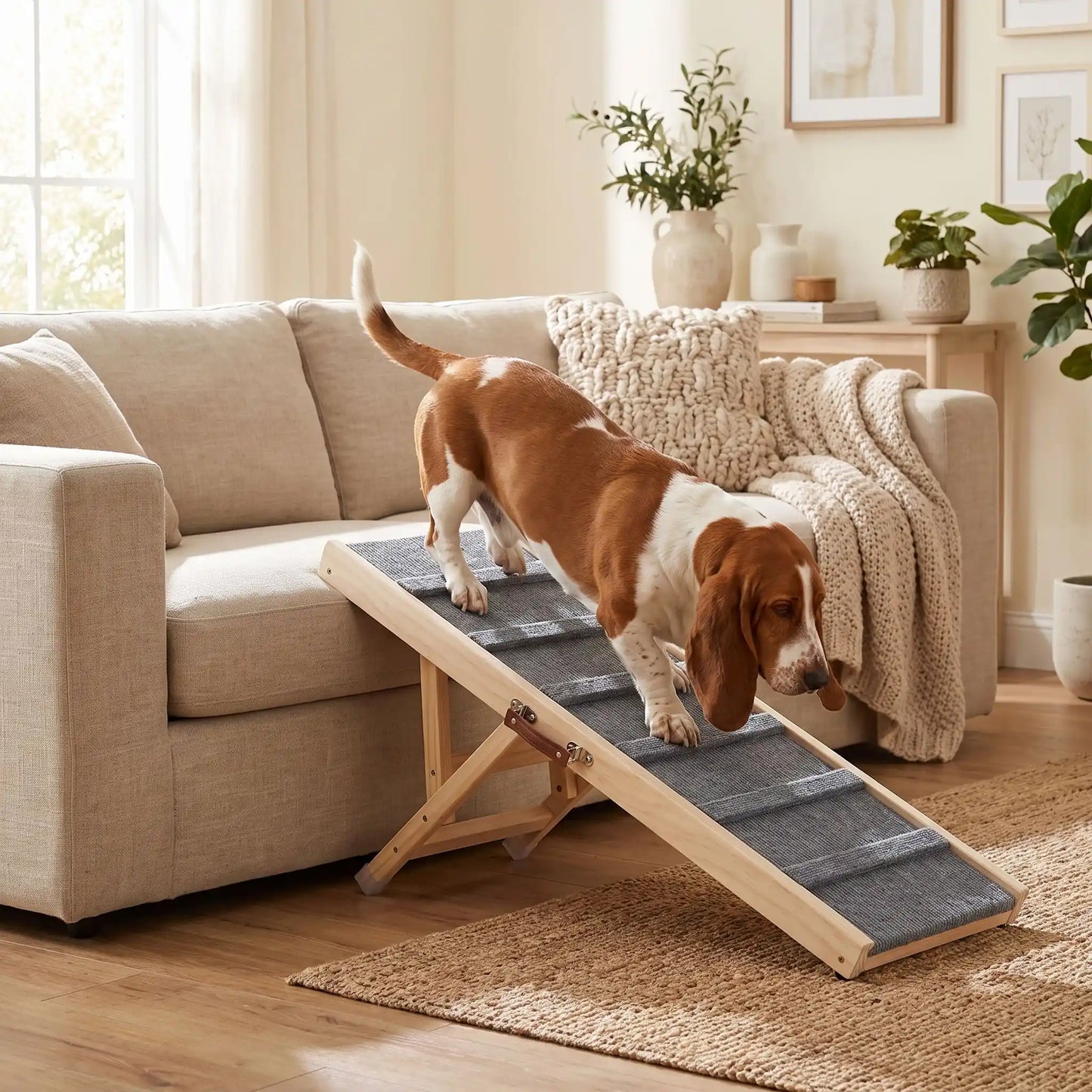 Rampe-pour-chiens-chiots pliable, en bois massif robuste de pin et surface adaptable en moquette douce et petites marches tranversales antidérapante pour un accès sécurisé et facile canapé, lit de la maison ou en transport en déplacement, en voiture pour la montée et la descente du chien en toute autonomie et sécurité, 5 hauteurs réglables -un chien de race moyenne au corps long et à pattes courtes qui descend du canapé familial en toute sécurité sur la rampe en bois réglable dans le salon de l'appartement 