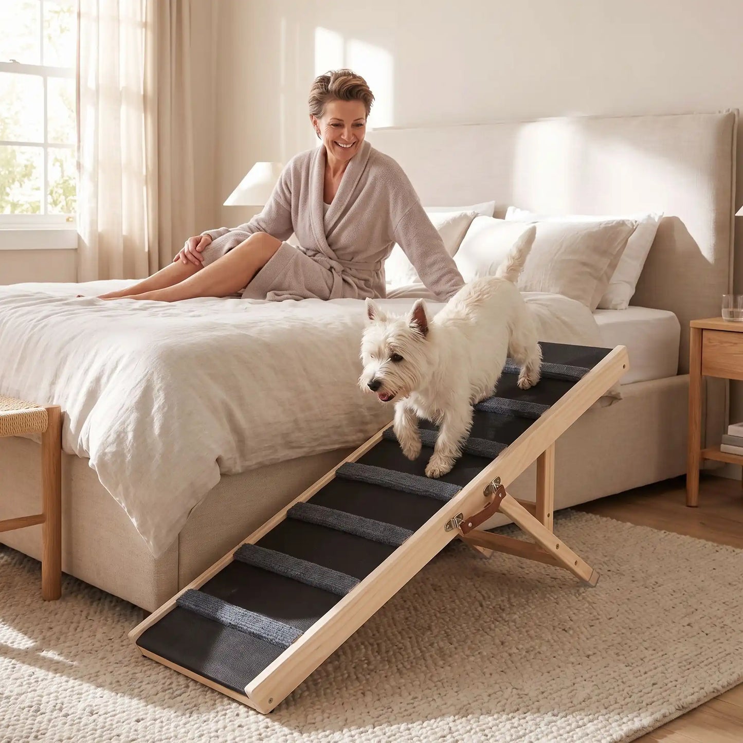 Rampe-pour-chiens-chiots pliable, en bois massif robuste de pin et surface adaptable en moquette douce et petites marches tranversales antidérapante pour un accès sécurisé et facile canapé, lit de la maison ou en transport en déplacement, en voiture pour la montée et la descente du chien en toute autonomie et sécurité, 5 hauteurs réglables -un chien de petite race au à pattes courtes qui descend du lit de sa maitresse pour la suivre en toute sécurité sur la rampe en bois dans l chambre de la maison