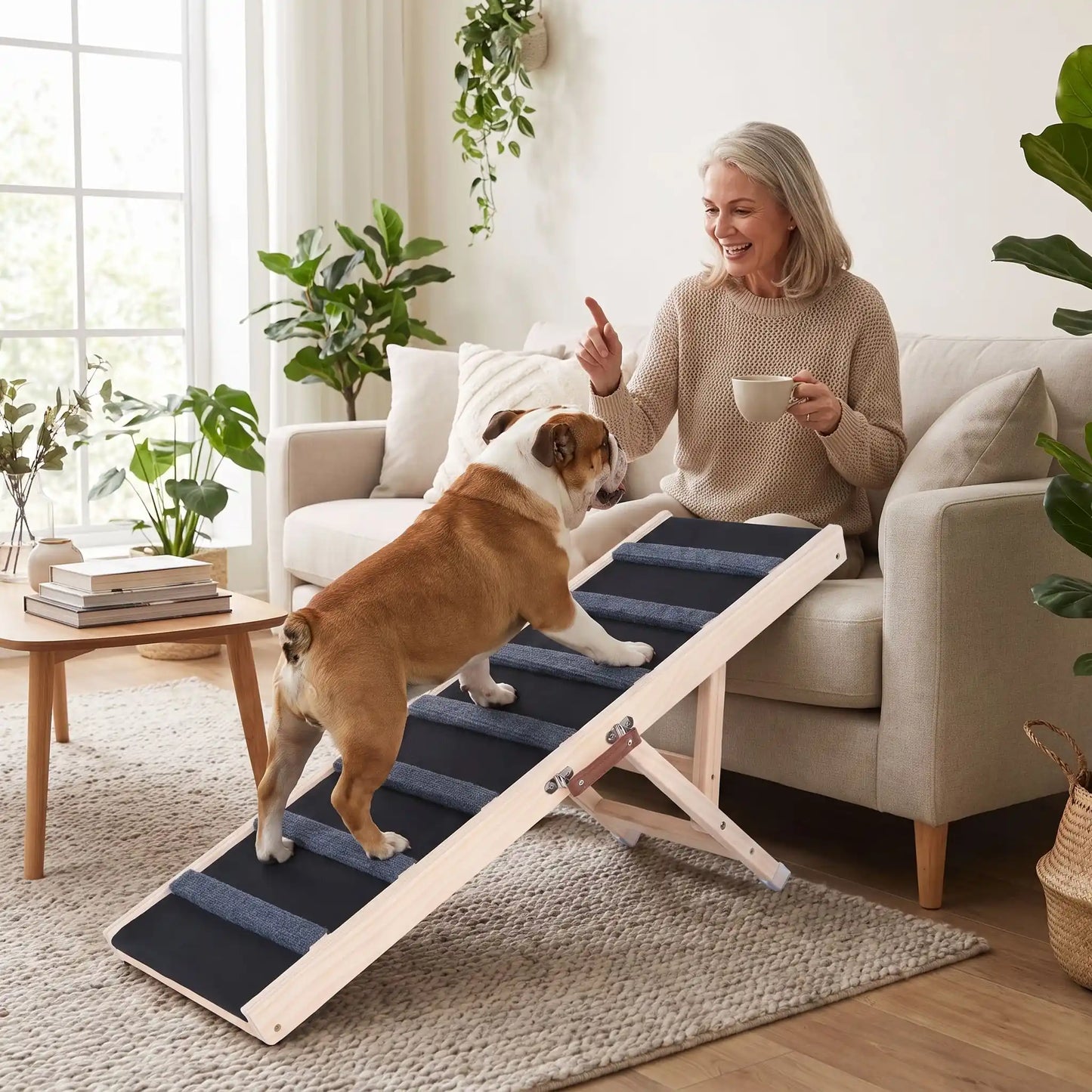 Rampe-pour-chiens-chiots pliable, en bois massif robuste de pin et surface adaptable en moquette douce et petites marches tranversales antidérapante pour un accès sécurisé et facile canapé, lit de la maison ou en transport en déplacement, en voiture pour la montée et la descente du chien en toute autonomie et sécurité, 5 hauteurs réglables -un chien de race moyenne au corps long et à pattes courtes qui monte sur la rampe en bois réglable pour rejoindre sa maitresse qui l'appelle pour un câlin sur le canapé 