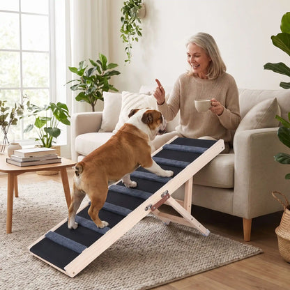 Rampe-pour-chiens-chiots pliable, en bois massif robuste de pin et surface adaptable en moquette douce et petites marches tranversales antidérapante pour un accès sécurisé et facile canapé, lit de la maison ou en transport en déplacement, en voiture pour la montée et la descente du chien en toute autonomie et sécurité, 5 hauteurs réglables -un chien de race moyenne au corps long et à pattes courtes qui monte sur la rampe en bois réglable pour rejoindre sa maitresse qui l'appelle pour un câlin sur le canapé 