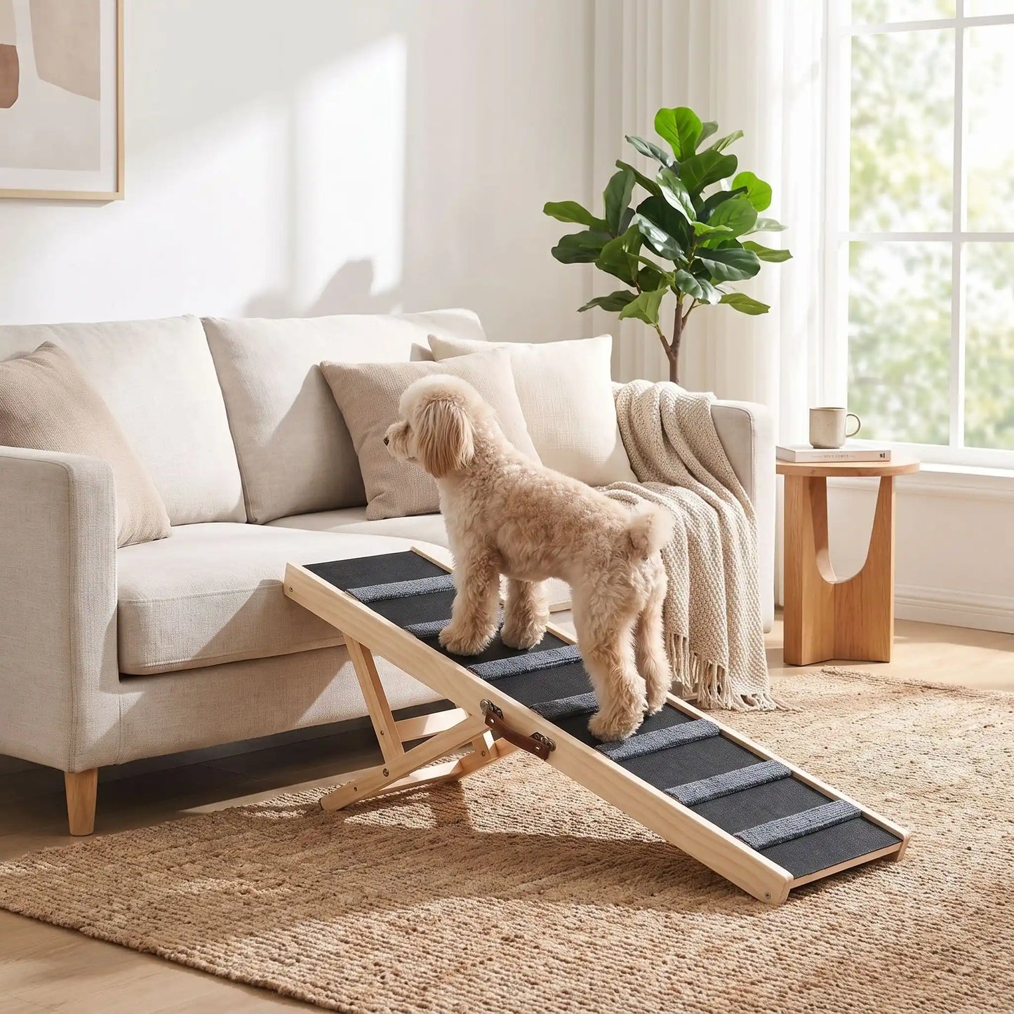 Rampe-pour-chiens-chiots pliable, en bois massif robuste de pin et surface adaptable en moquette douce et petites marches tranversales antidérapante pour un accès sécurisé et facile canapé, lit de la maison ou en transport en déplacement, en voiture pour la montée et la descente du chien en toute autonomie et sécurité, 5 hauteurs réglables -un chien de race moyenne qui monte sur canapé familial en toute sécurité grâce à la rampe en bois avec 5 hauteurs réglables dans le salon de l'appartement 