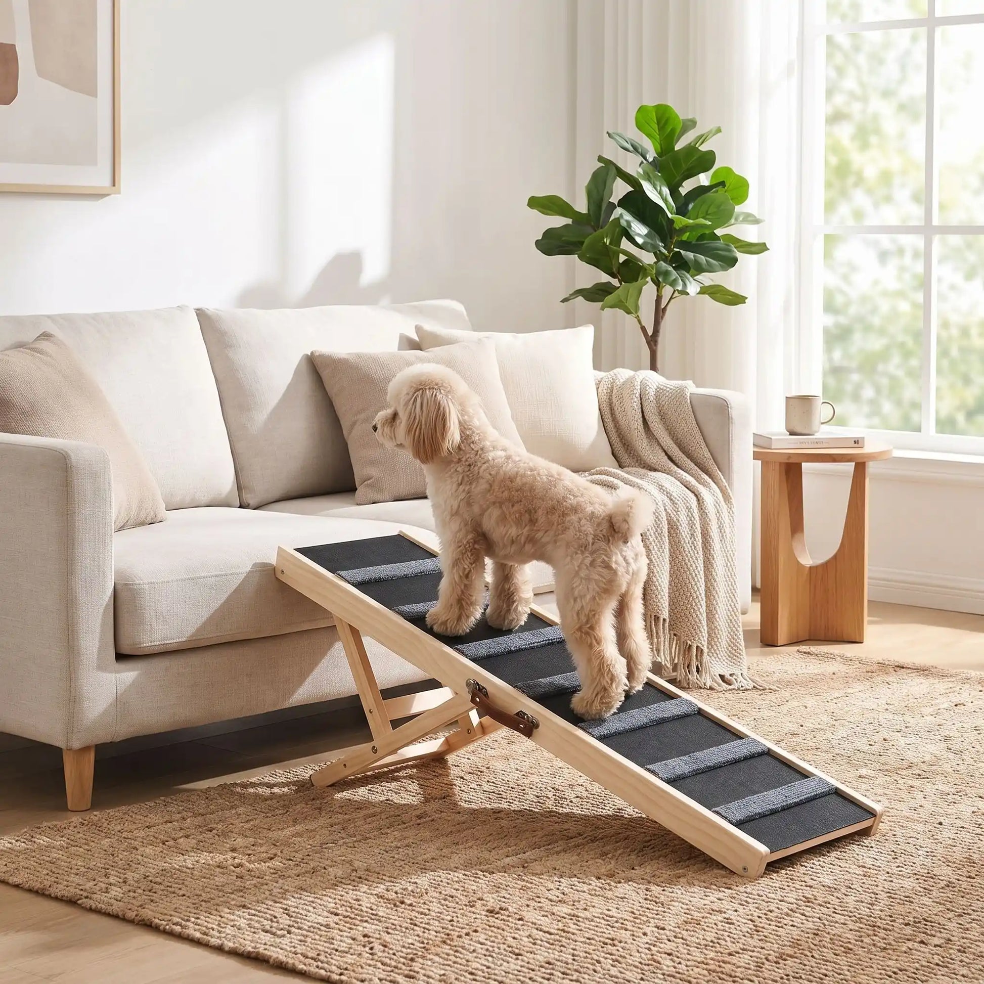 Rampe-pour-chiens-chiots pliable, en bois massif robuste de pin et surface adaptable en moquette douce et petites marches tranversales antidérapante pour un accès sécurisé et facile canapé, lit de la maison ou en transport en déplacement, en voiture pour la montée et la descente du chien en toute autonomie et sécurité, 5 hauteurs réglables -un chien de race moyenne qui monte sur canapé familial en toute sécurité grâce à la rampe en bois avec 5 hauteurs réglables dans le salon de l'appartement 