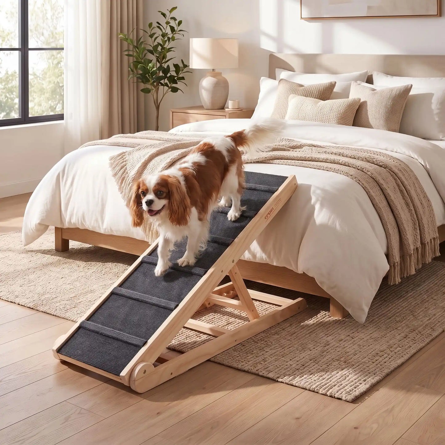 Rampe-pour-chien-chiots escalier pliable, en bois massif robuste de pin et surface adaptable en moquette douce et petites marches tranversales antidérapante pour un accès sécurisé et facile canapé, lit ou en transport en déplacement, en voiture pour la montée et la descente du chien en toute autonomie et sécurité, 6 hauteurs réglables pour toutes races- un chien de taille moyenne qui descend sur la rampe en bois avec 6 hauteurs réglables, structure en bois en équerre pour rejoindre le sol en toute sécurité
