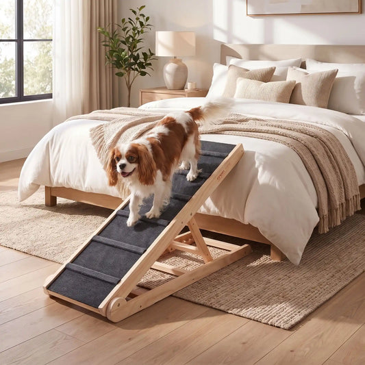 Rampe-pour-chien-chiots escalier pliable, en bois massif robuste de pin et surface adaptable en moquette douce et petites marches tranversales antidérapante pour un accès sécurisé et facile canapé, lit ou en transport en déplacement, en voiture pour la montée et la descente du chien en toute autonomie et sécurité, 6 hauteurs réglables pour toutes races- un chien de taille moyenne qui descend sur la rampe en bois avec 6 hauteurs réglables, structure en bois en équerre pour rejoindre le sol en toute sécurité